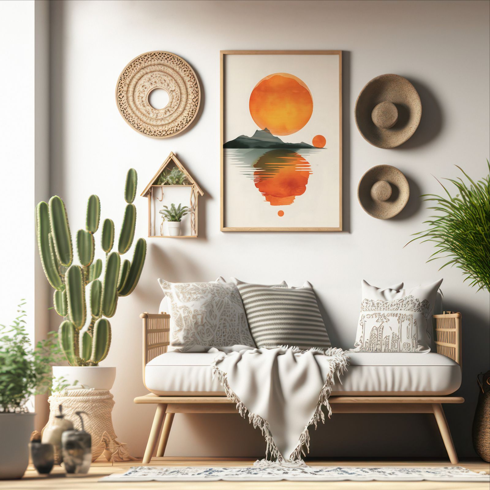 Island at Sunset shown in a room — boho mockup