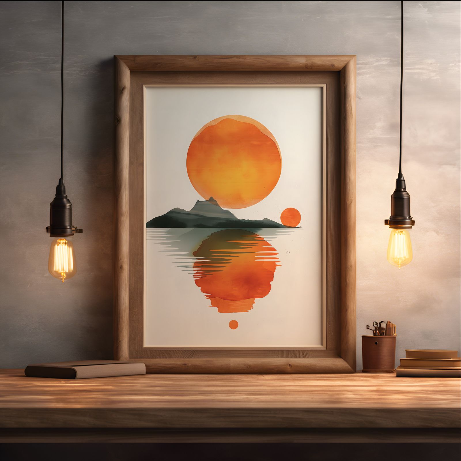 Island at Sunset shown in a room — desk mockup