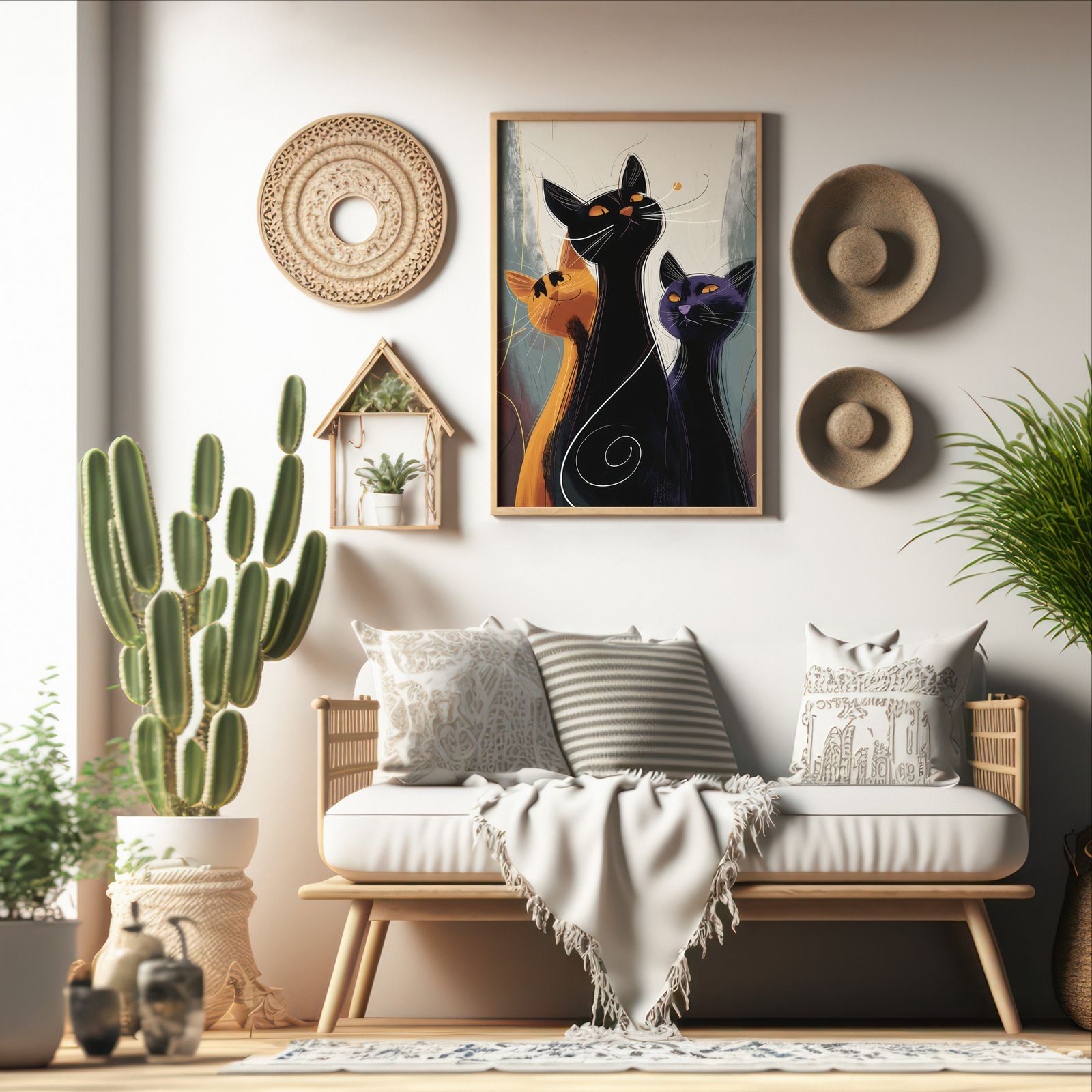 Jazz Cats shown in a room — boho mockup