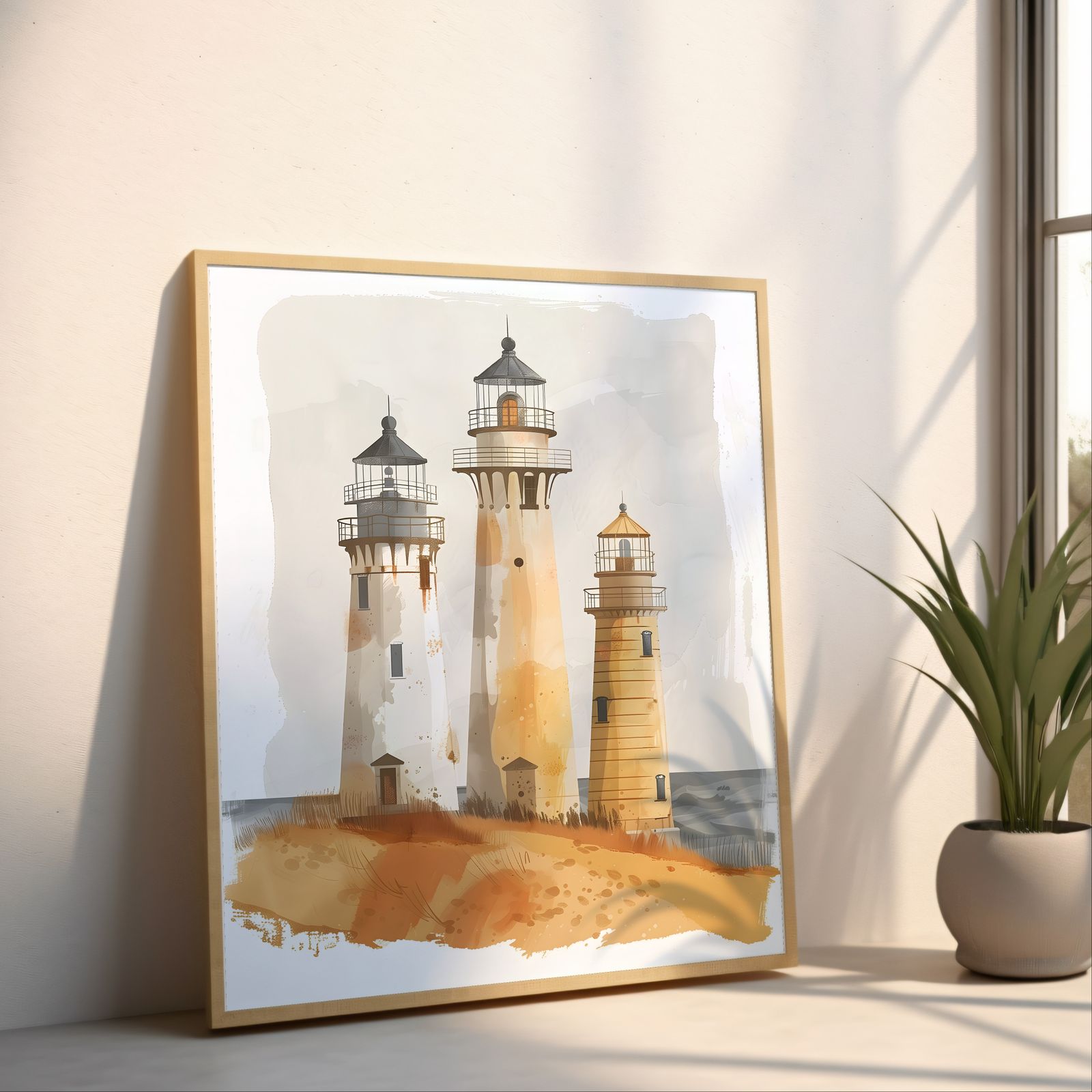 Three Lighthouses shown in a room — angled mockup