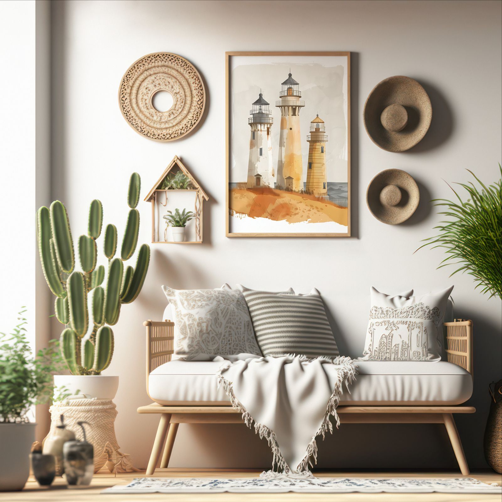 Three Lighthouses shown in a room — boho mockup