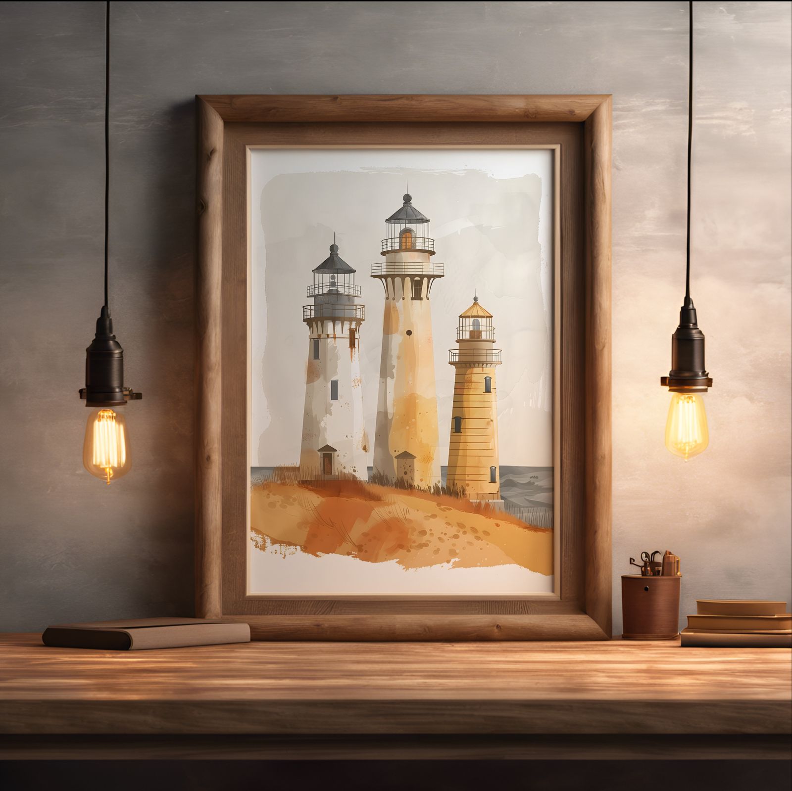 Three Lighthouses shown in a room — desk mockup