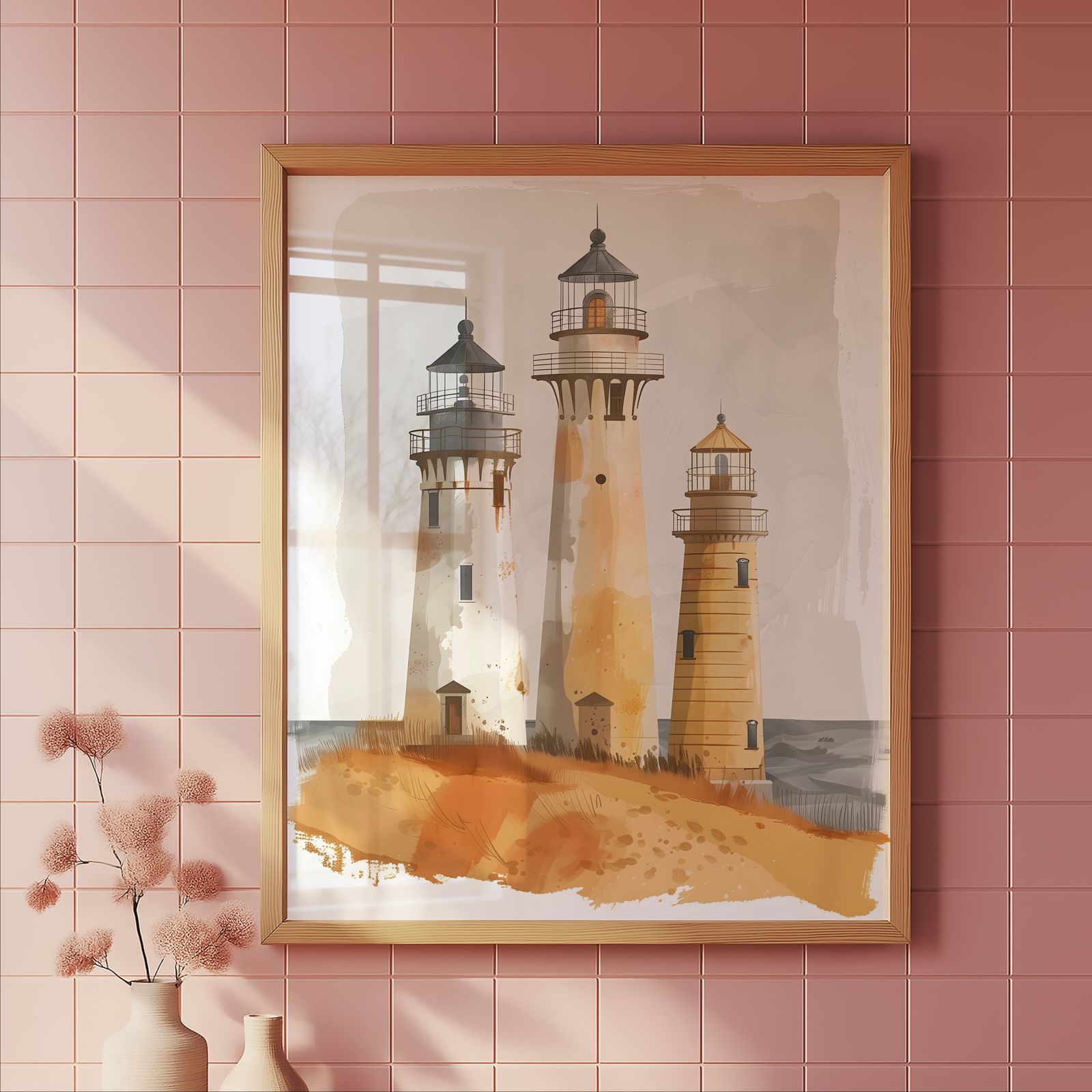 Three Lighthouses shown in a room — tile mockup