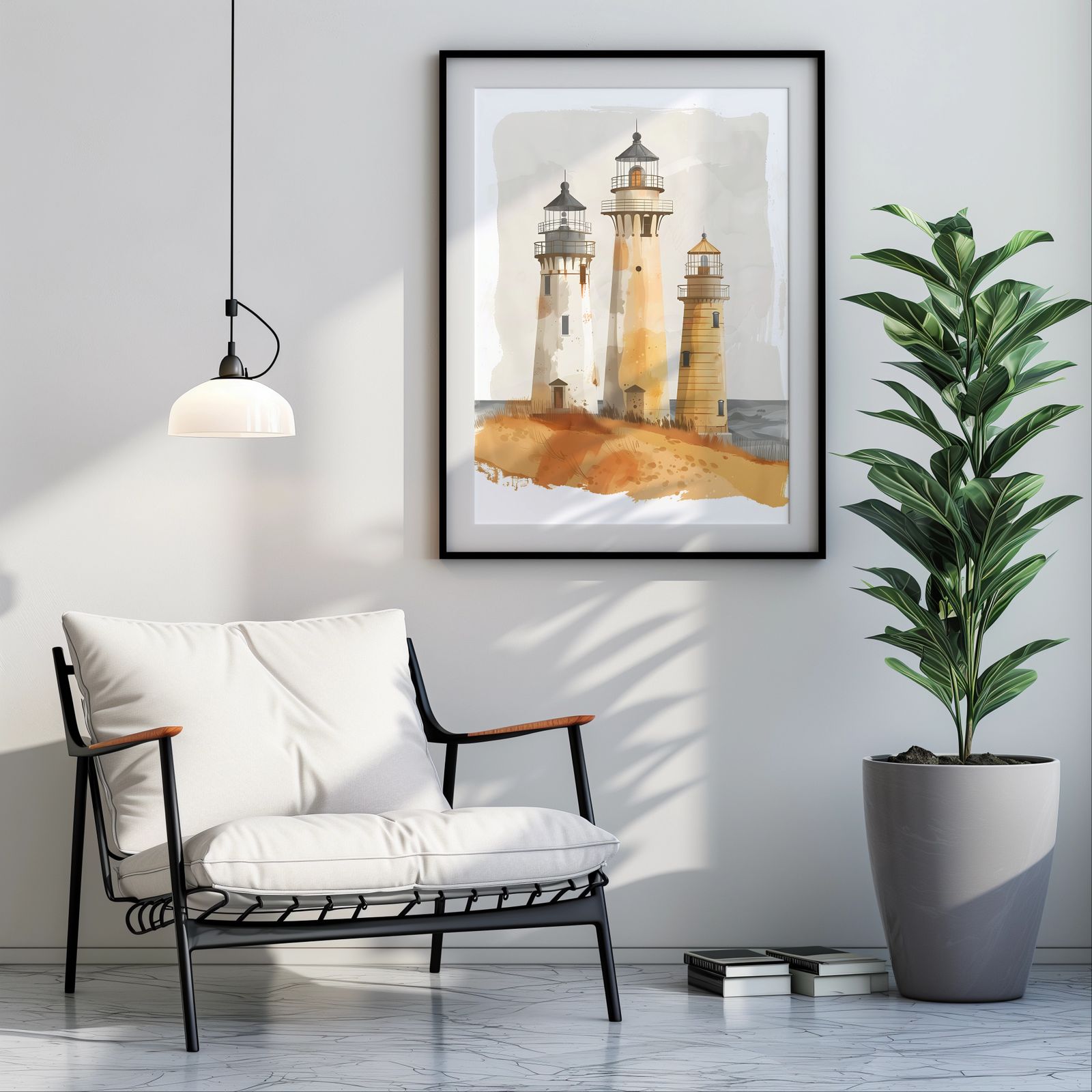 Three Lighthouses shown in a room — room mockup