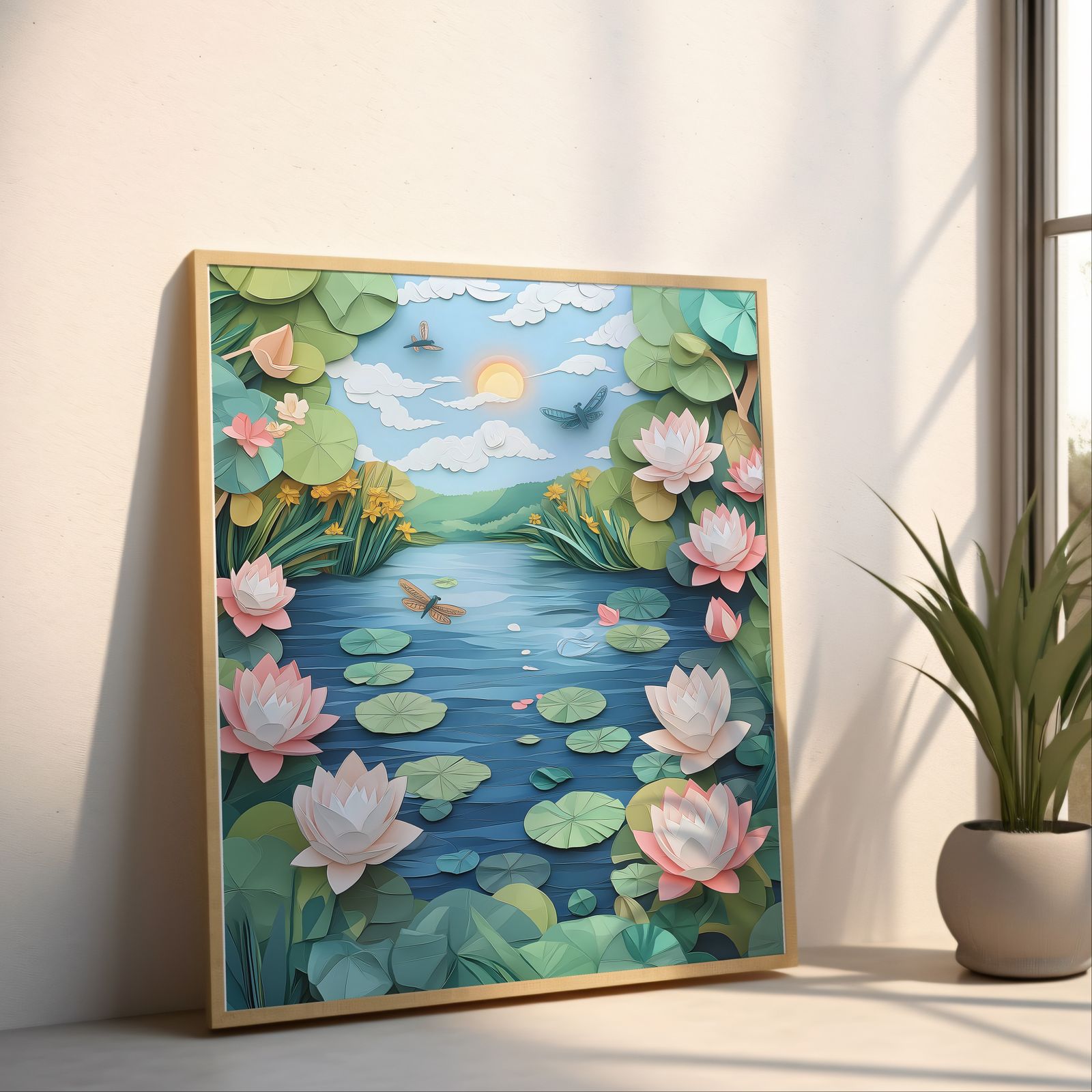 Lily Pond Relief shown in a room — angled mockup