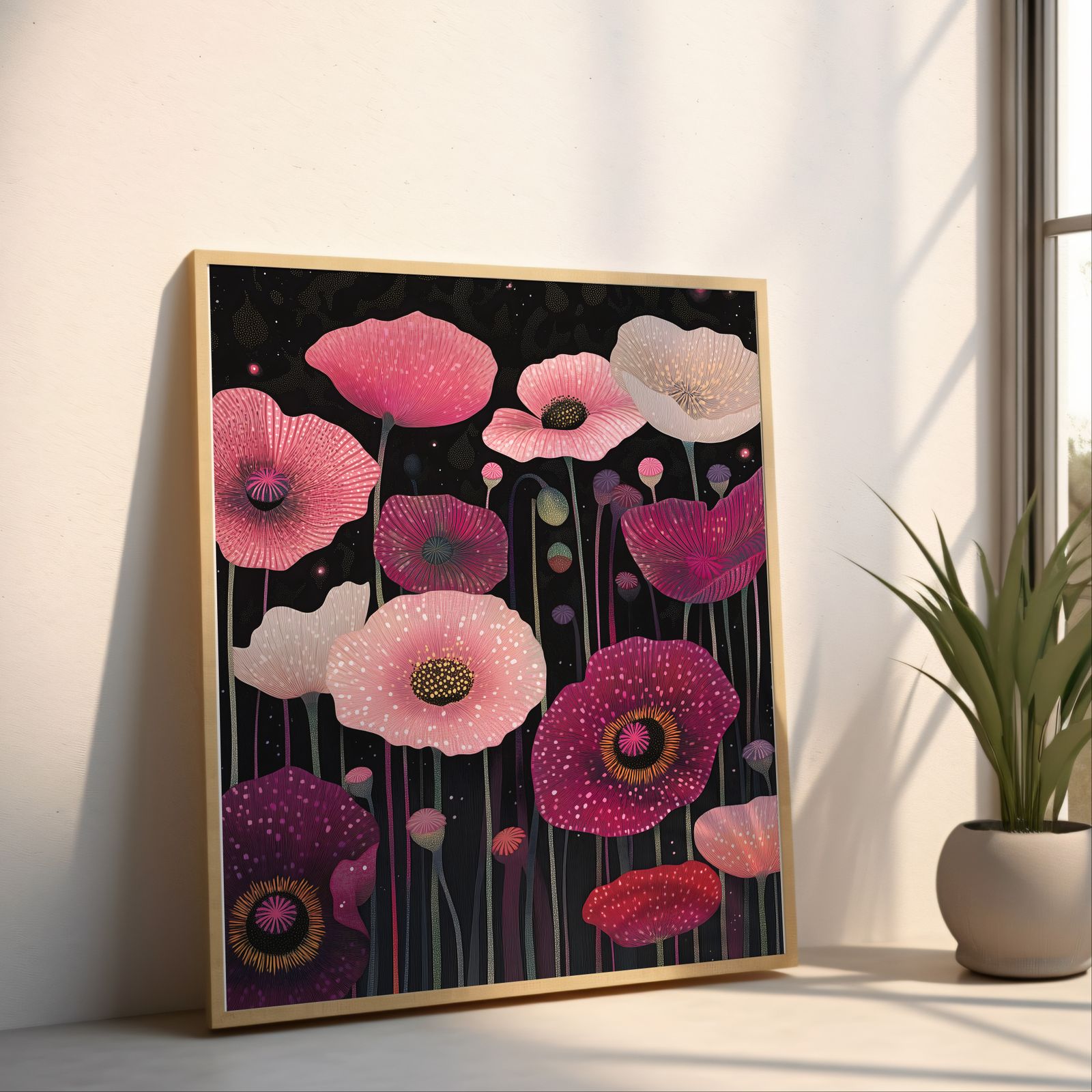 Magenta Poppies shown in a room — angled mockup
