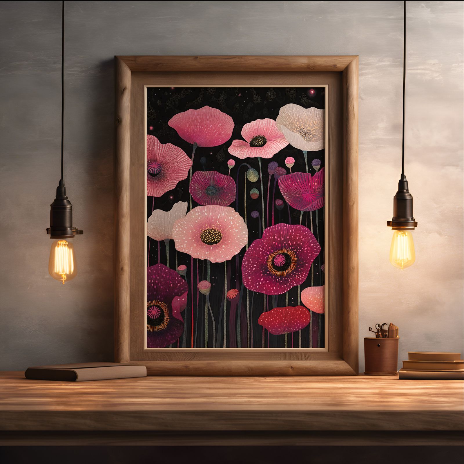 Magenta Poppies shown in a room — desk mockup