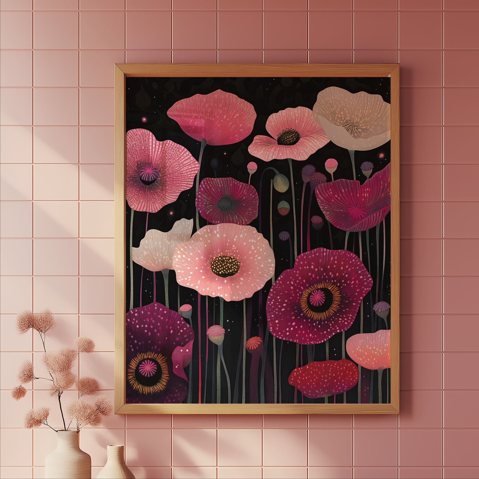 Magenta Poppies shown in a room — tile mockup