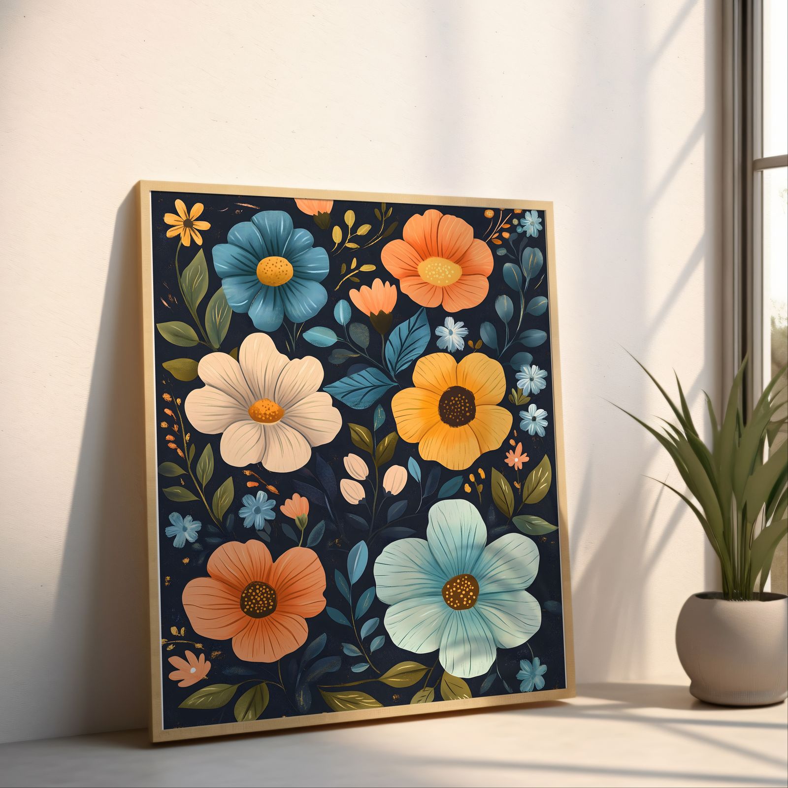 Midnight Garden Blossoms shown in a room — angled mockup