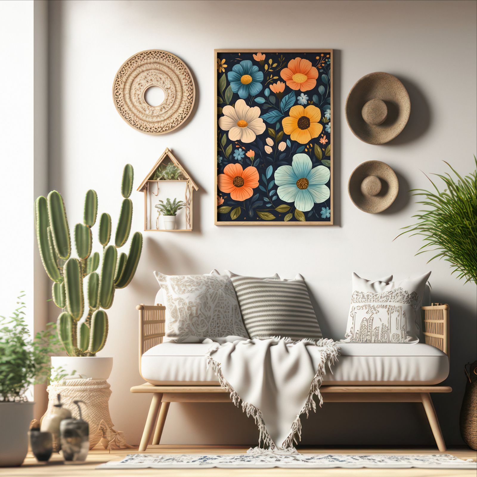 Midnight Garden Blossoms shown in a room — boho mockup