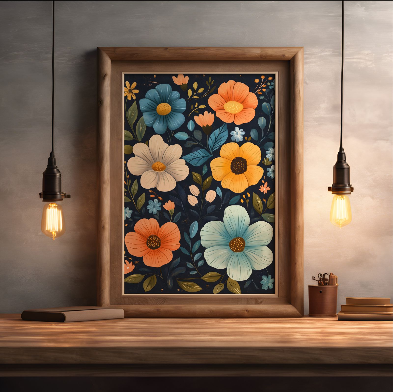 Midnight Garden Blossoms shown in a room — desk mockup