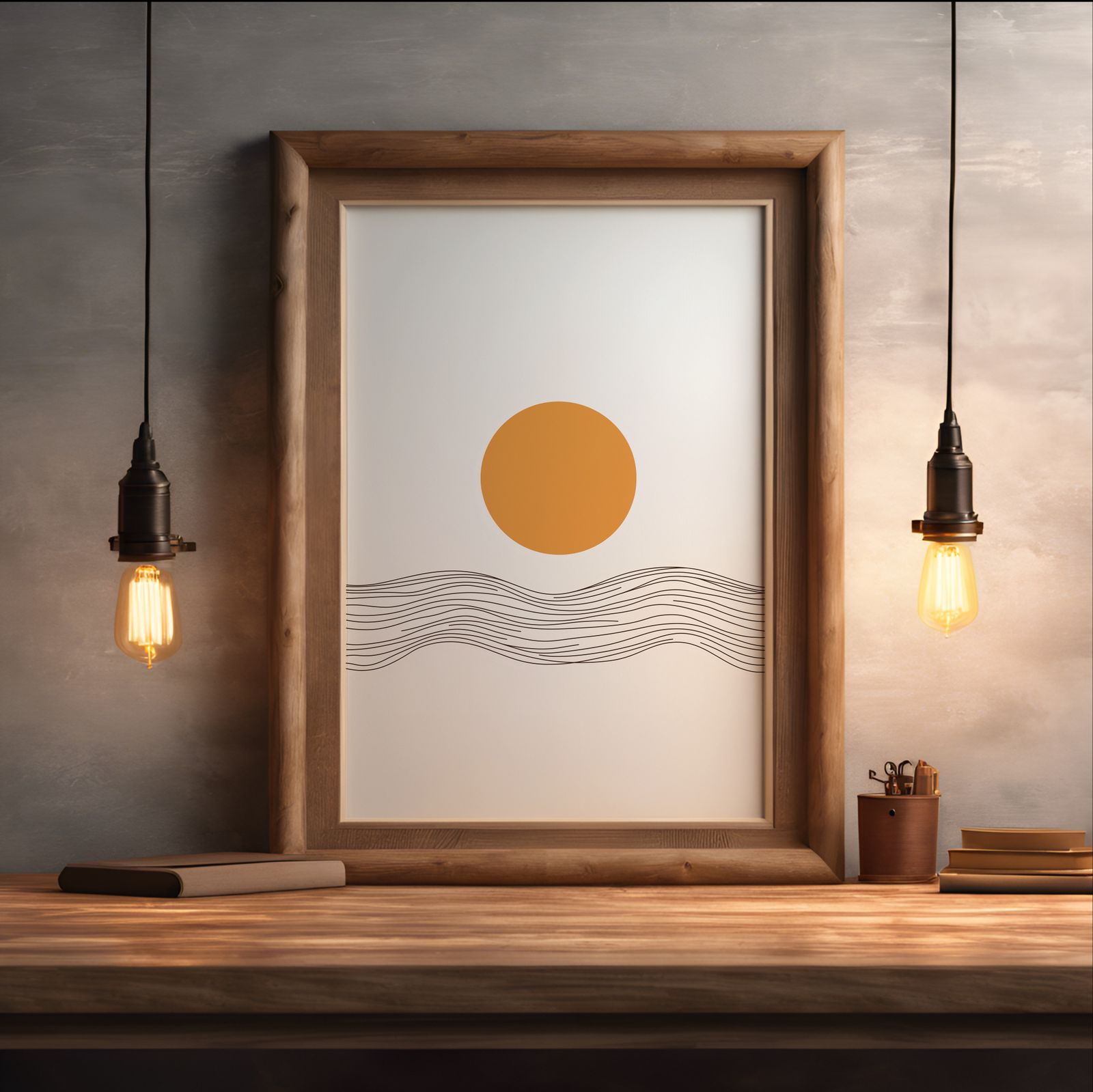 Minimalist Sunrise shown in a room — desk mockup