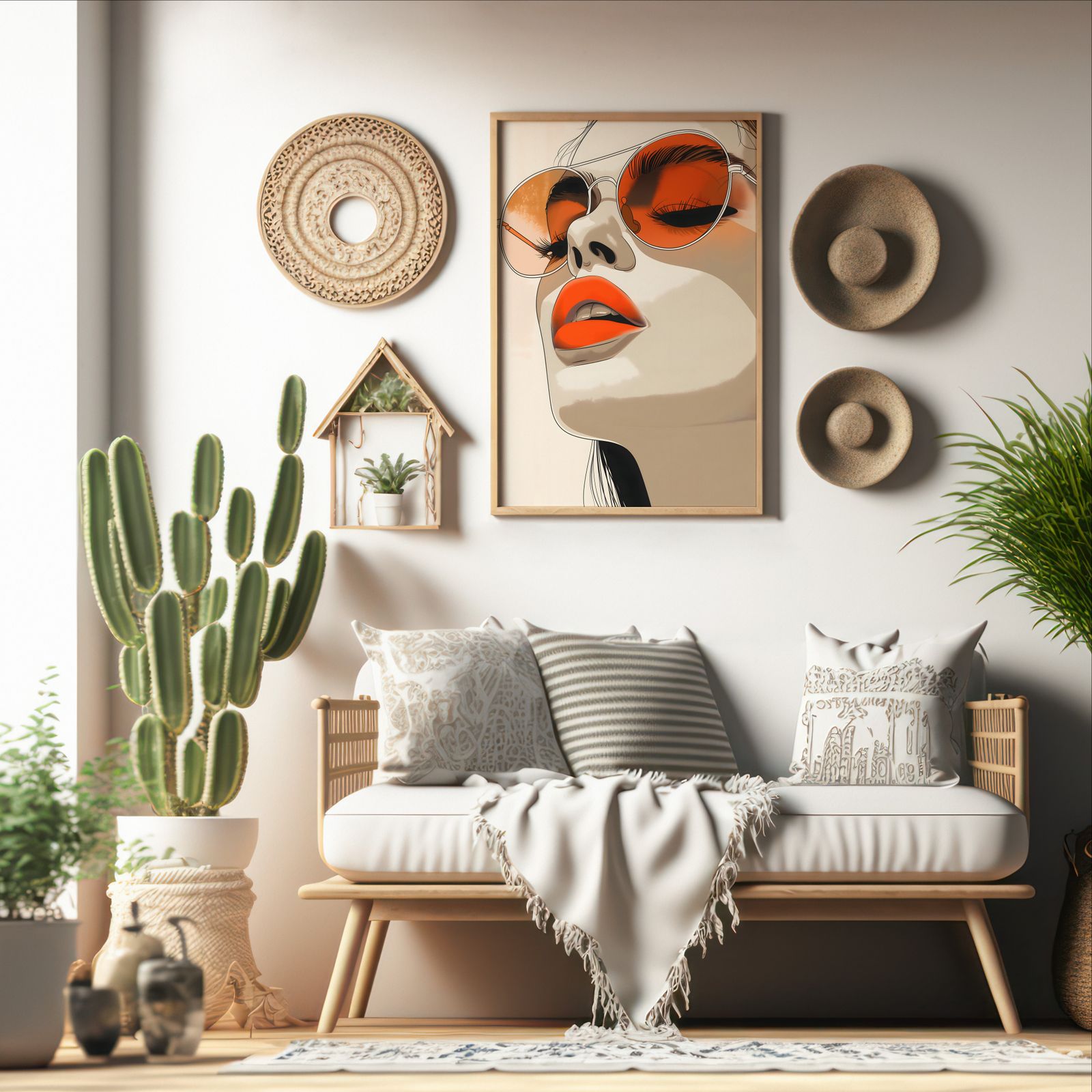 Modern Woman shown in a room — boho mockup