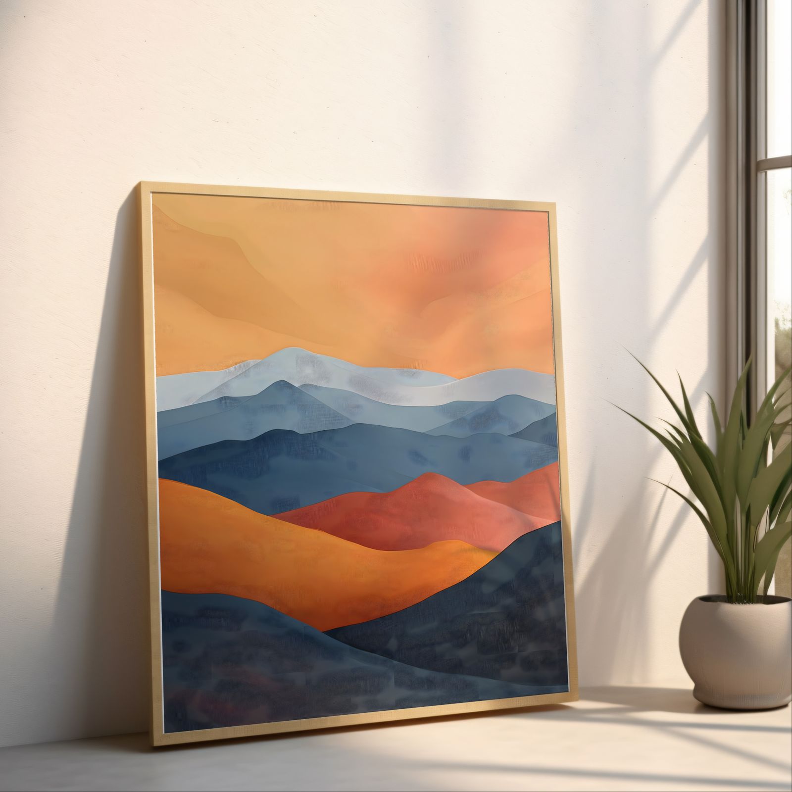 Mountains at Dawn shown in a room — angled mockup