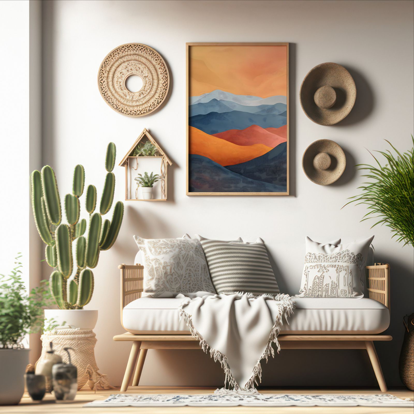 Mountains at Dawn shown in a room — boho mockup