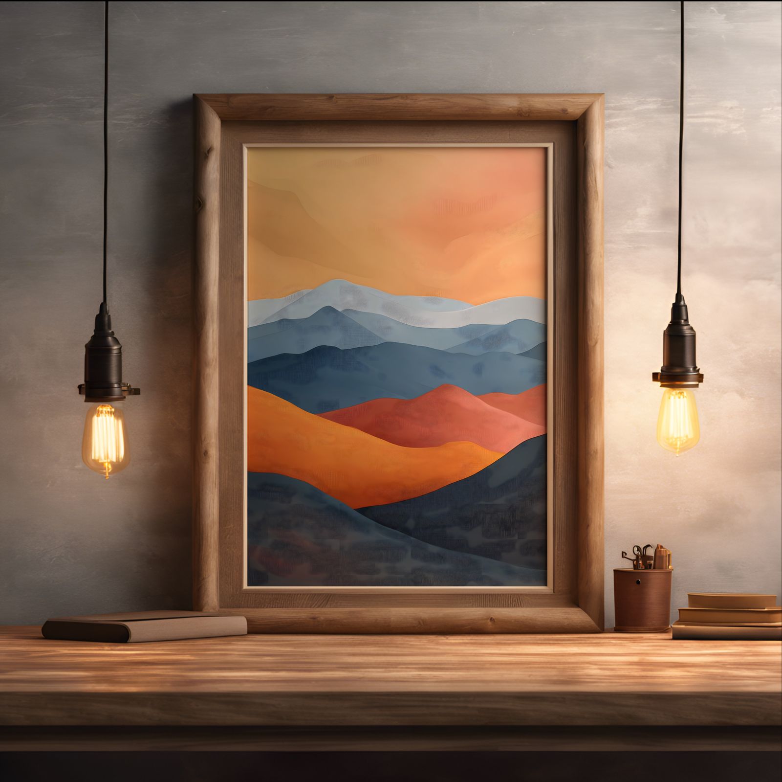 Mountains at Dawn shown in a room — desk mockup