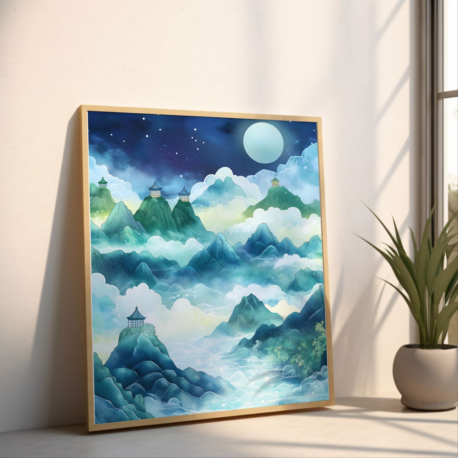 Mystical Mountain Seas shown in a room — angled mockup