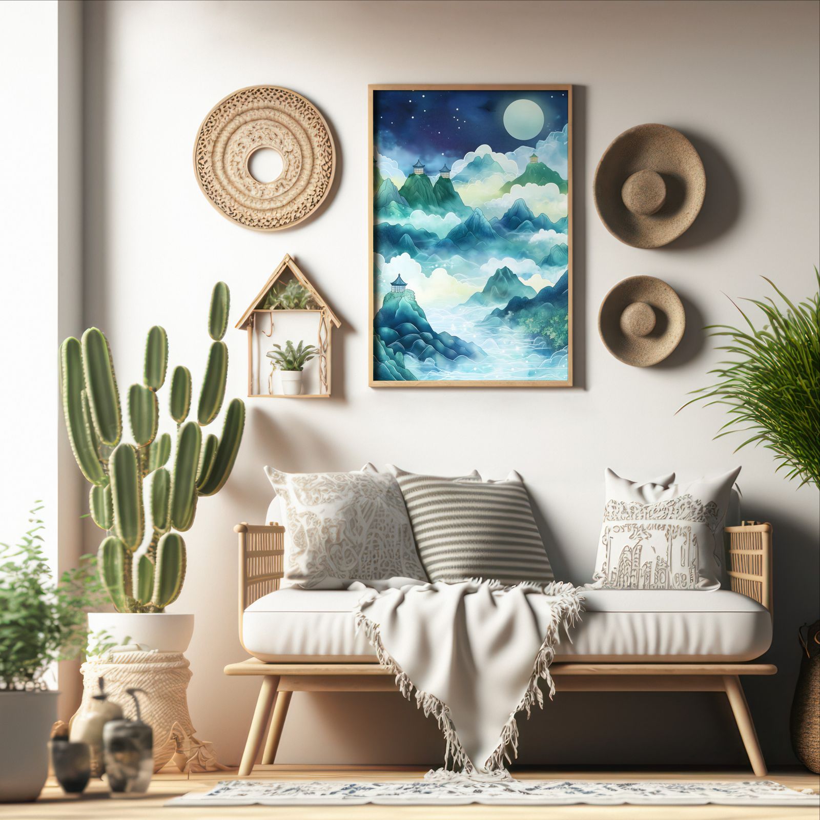 Mystical Mountain Seas shown in a room — boho mockup