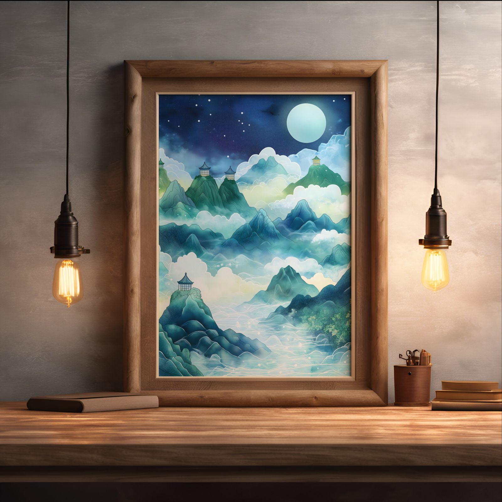 Mystical Mountain Seas shown in a room — desk mockup