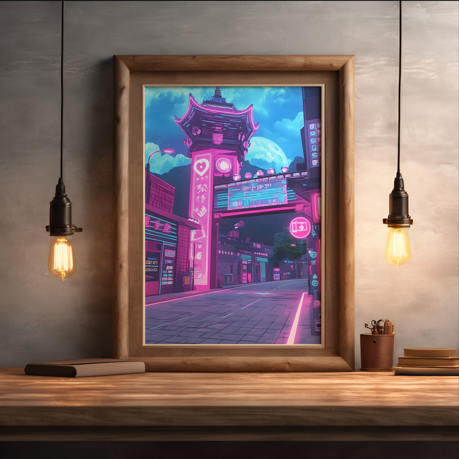 Neon District shown in a room — desk mockup