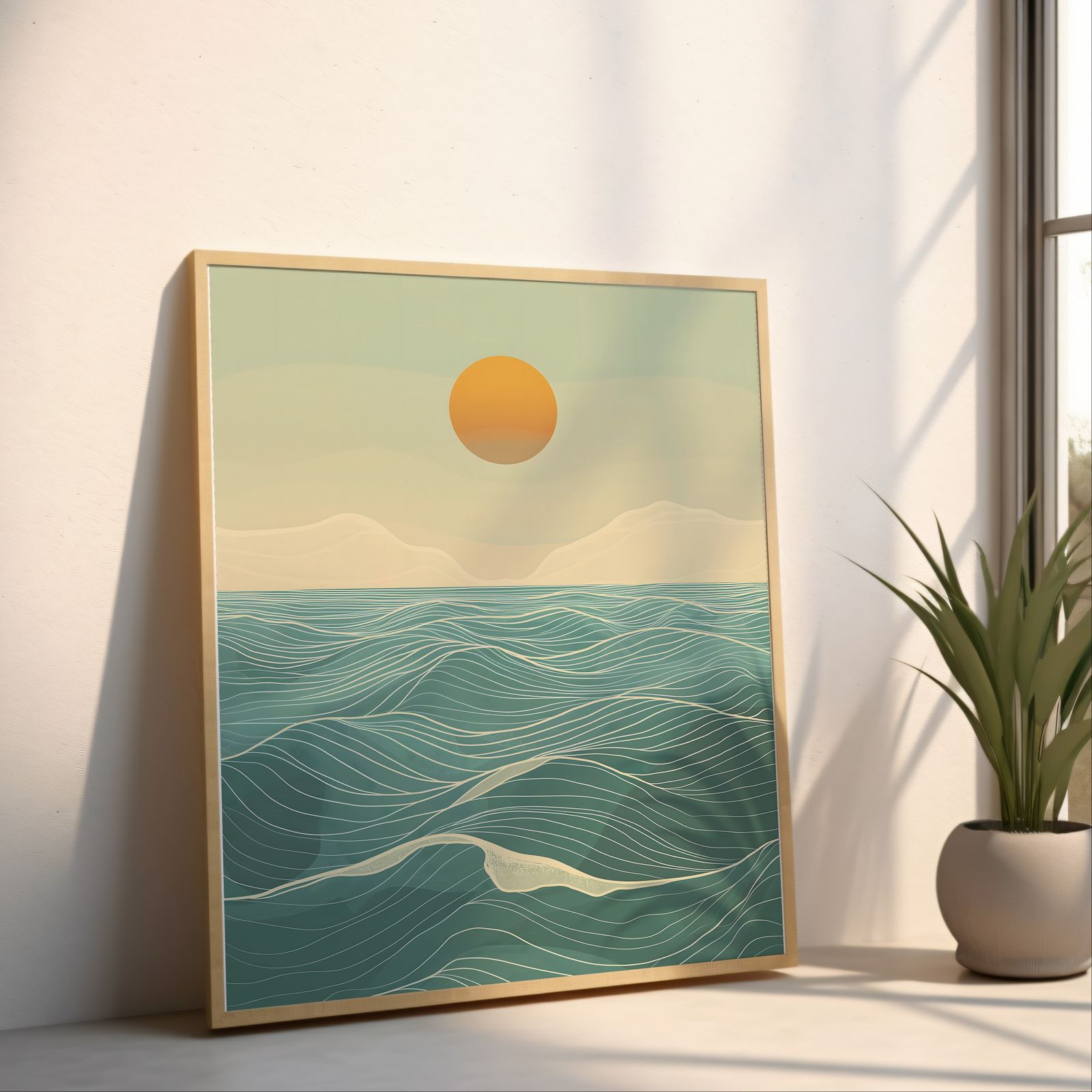 Ocean at Midday shown in a room — angled mockup