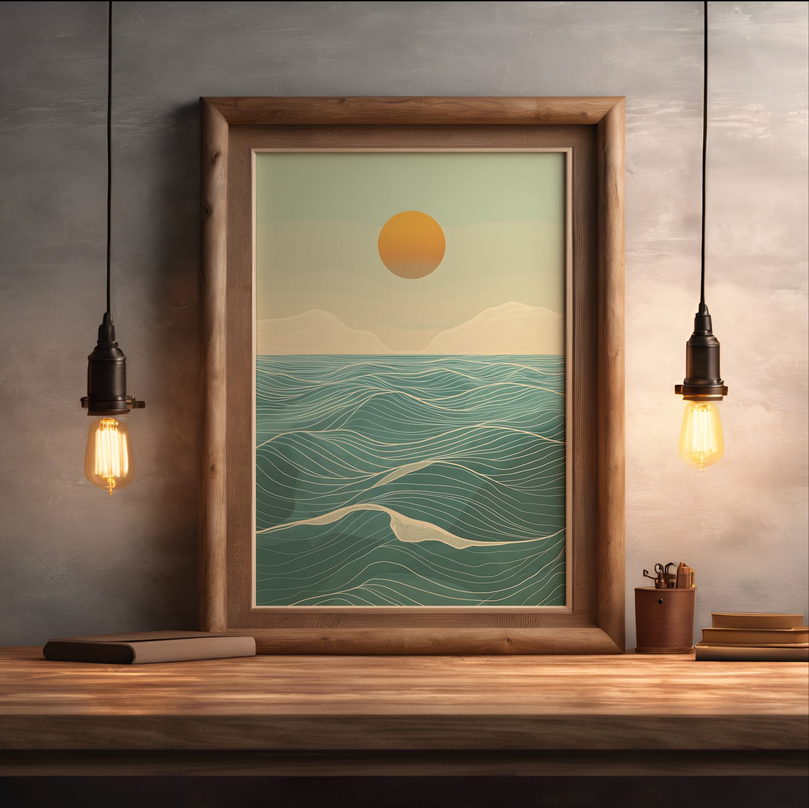 Ocean at Midday shown in a room — desk mockup
