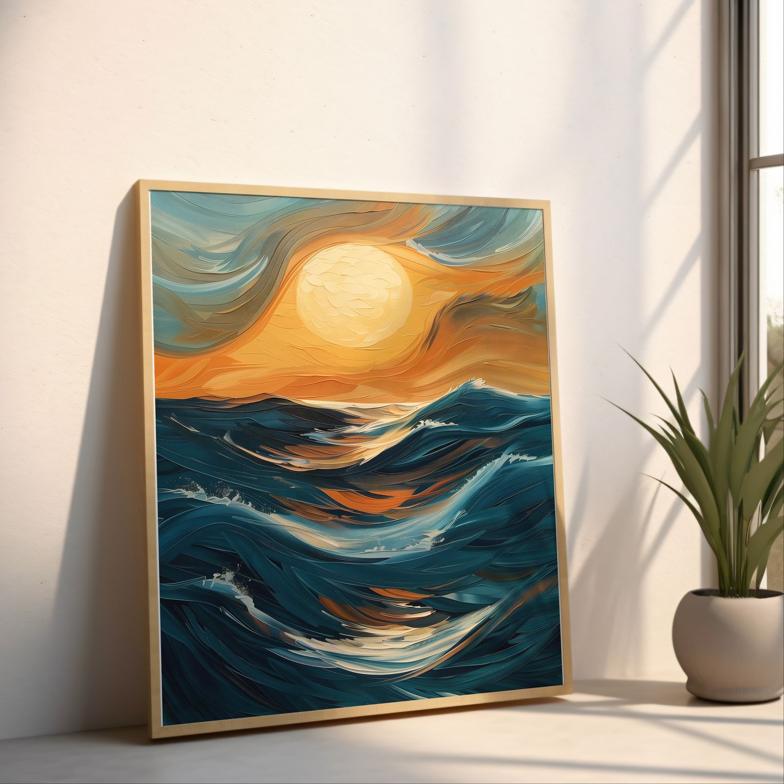 Ocean Sunset shown in a room — angled mockup