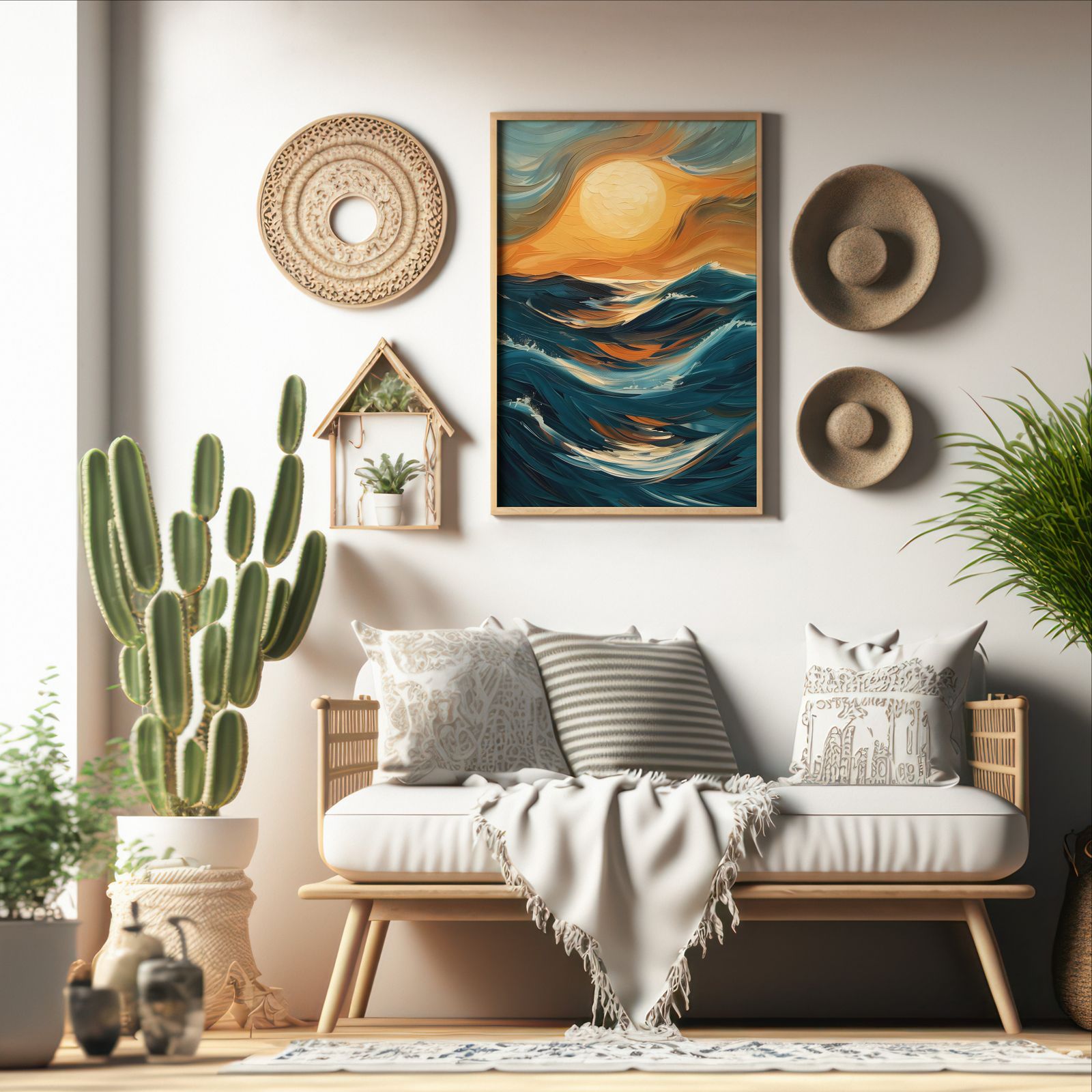 Ocean Sunset shown in a room — boho mockup