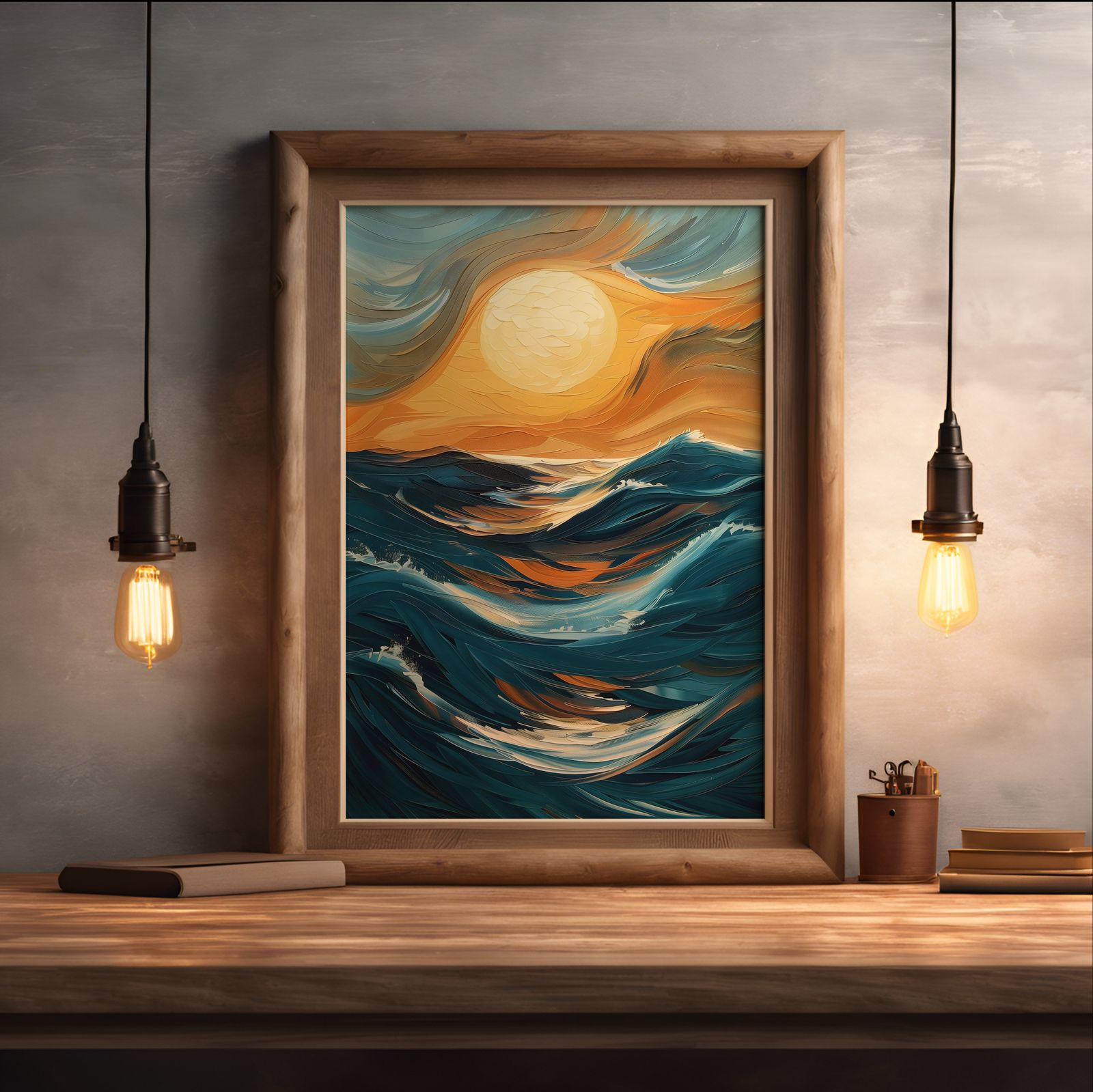 Ocean Sunset shown in a room — desk mockup