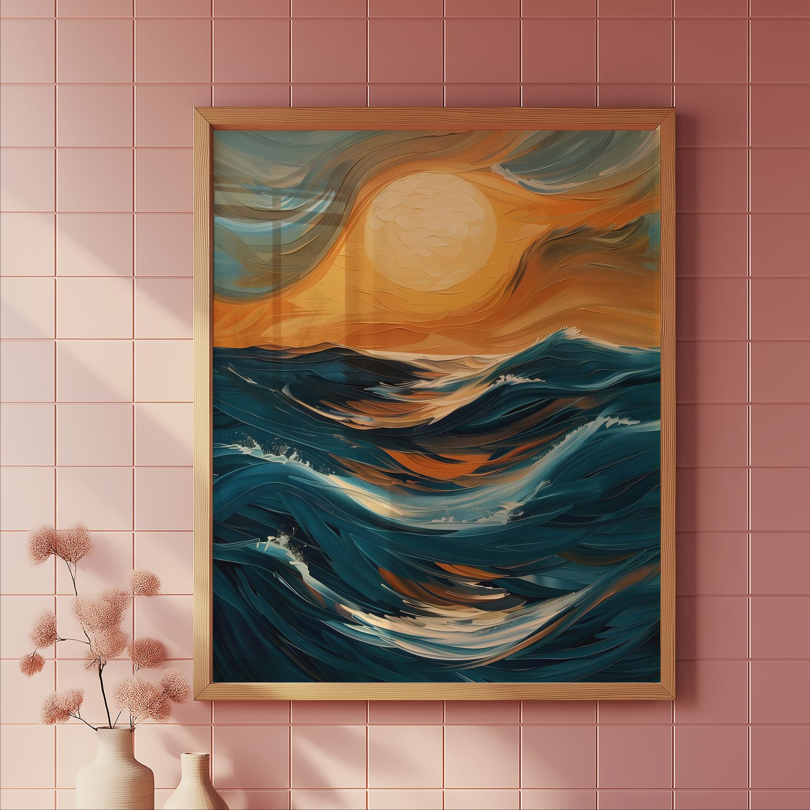 Ocean Sunset shown in a room — tile mockup