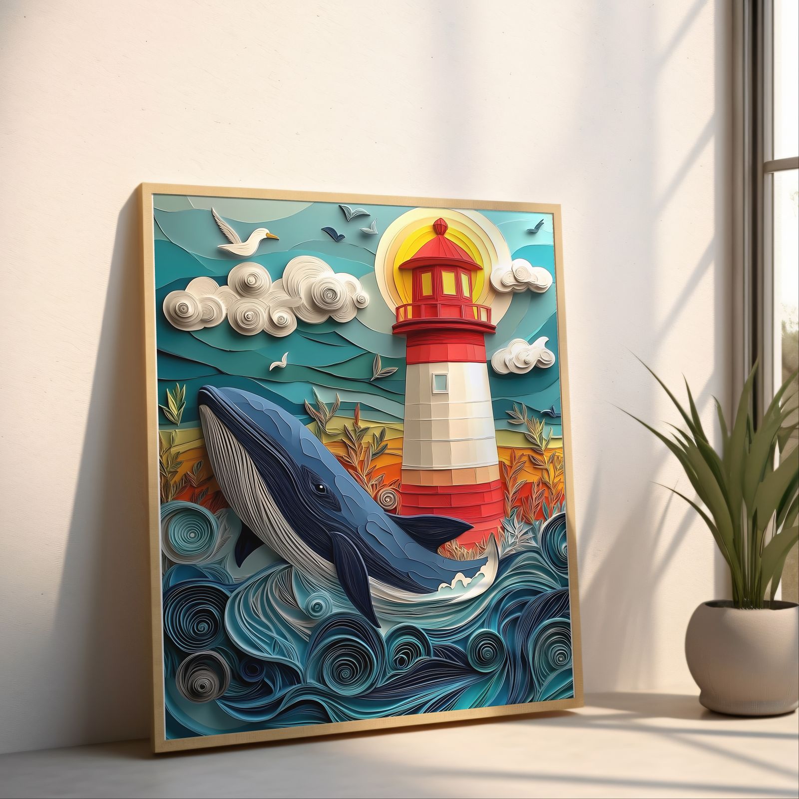The Whale and the Lighthouse shown in a room — angled mockup