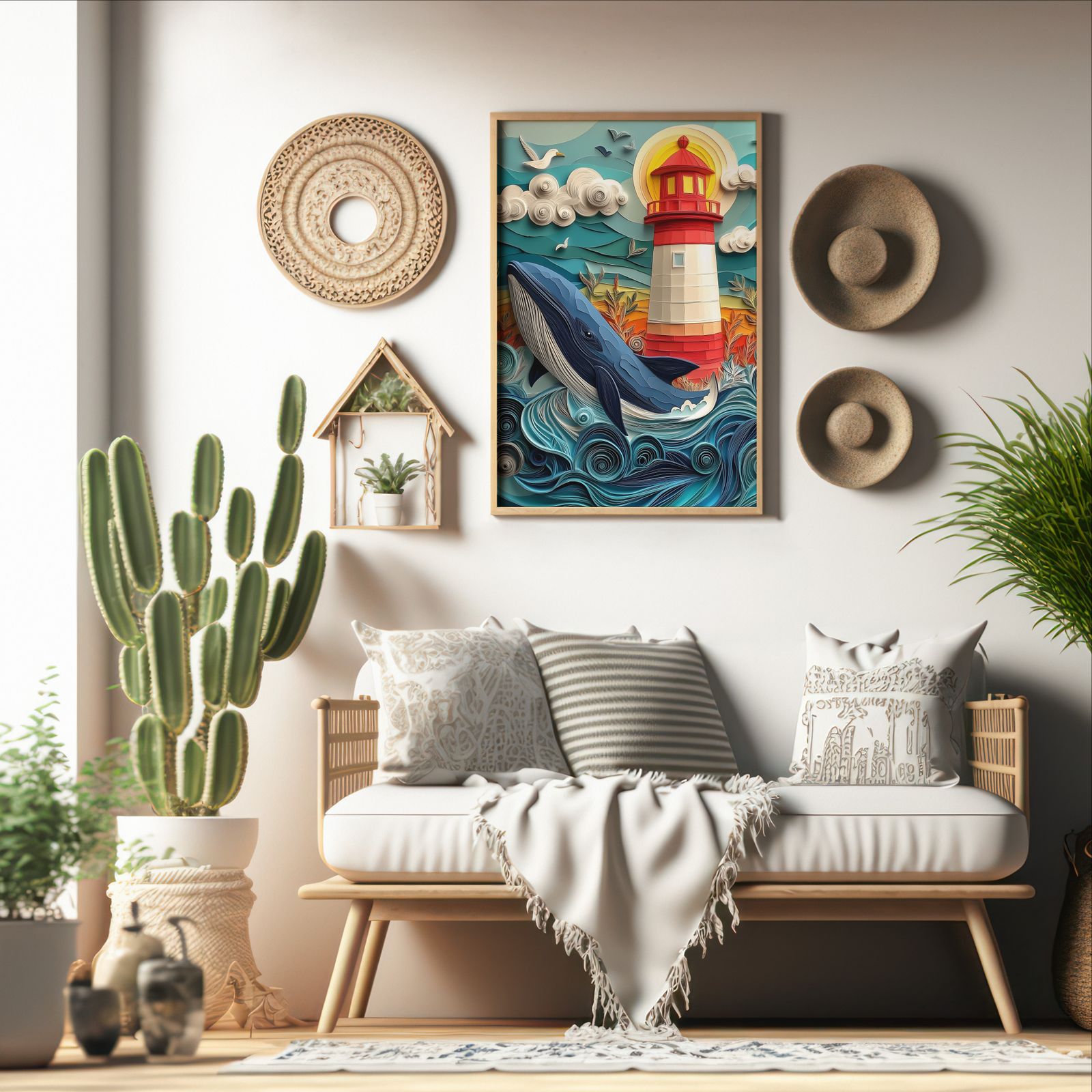 The Whale and the Lighthouse shown in a room — boho mockup