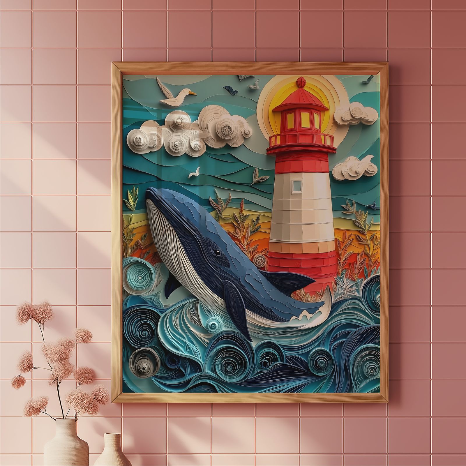 The Whale and the Lighthouse shown in a room — tile mockup