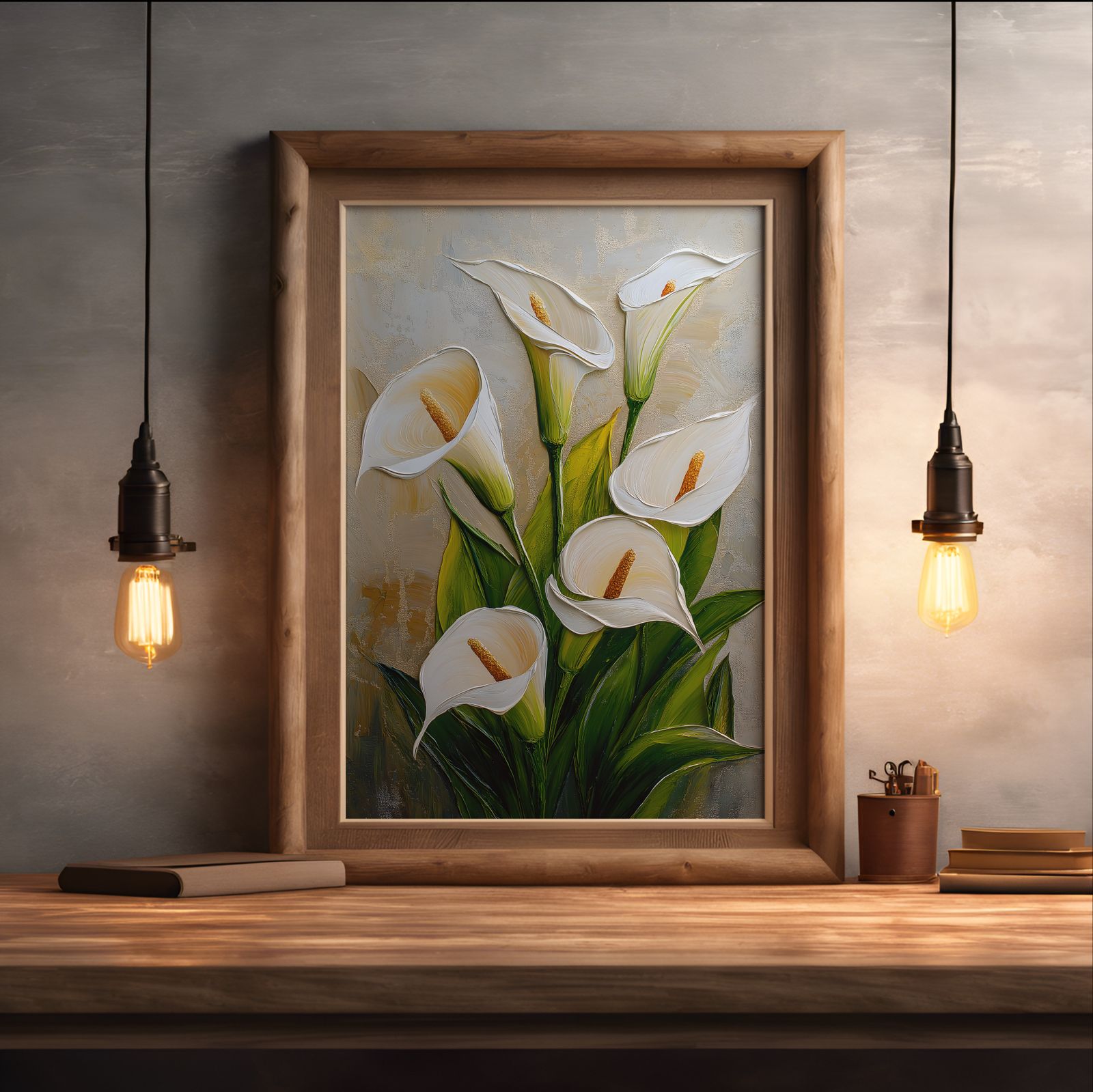 Palette Knife Calla Lilies shown in a room — desk mockup