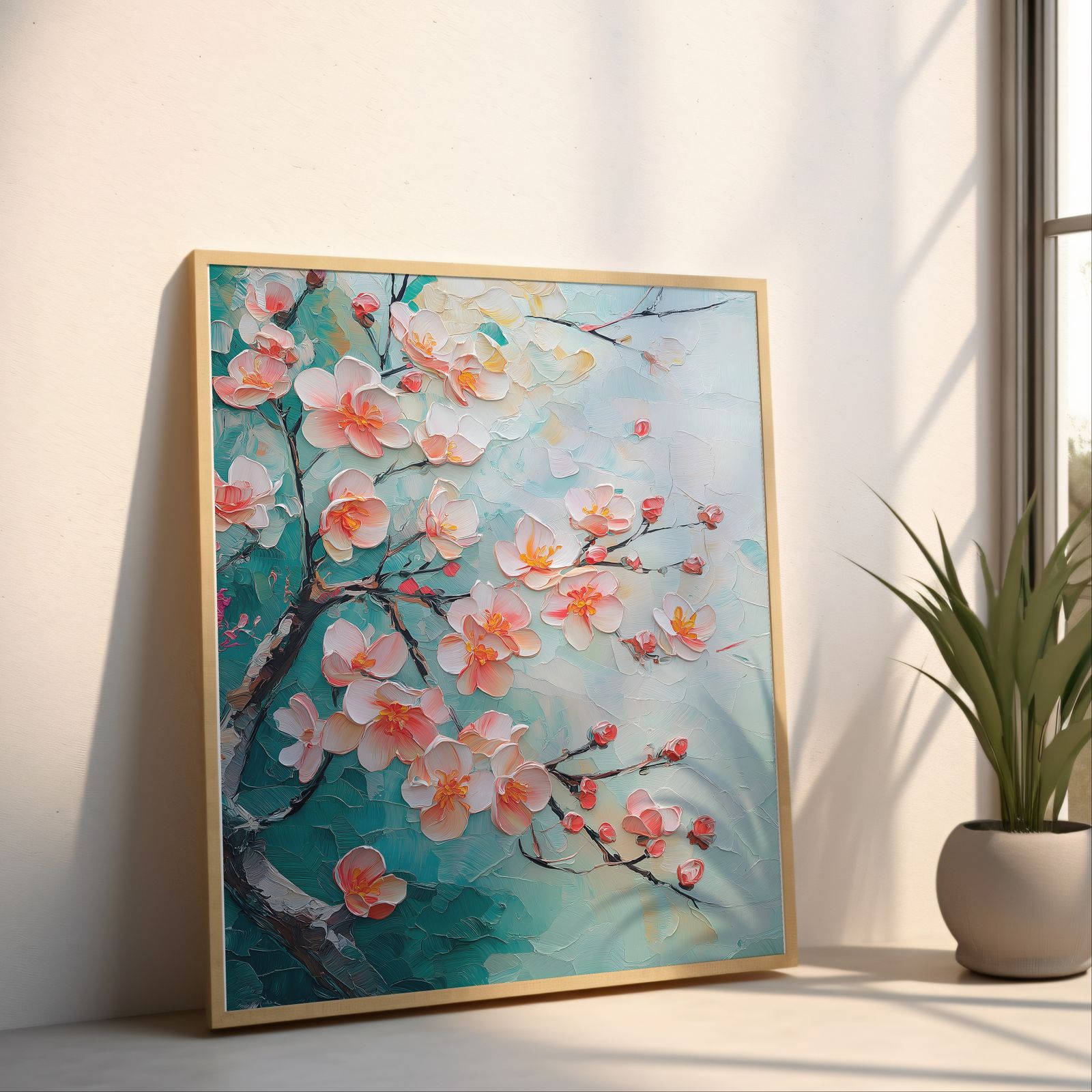 Palette Knife Cherry Blossoms shown in a room — angled mockup