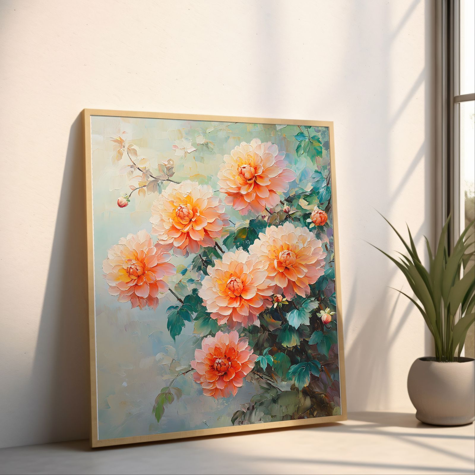 Palette Knife Dahlias shown in a room — angled mockup