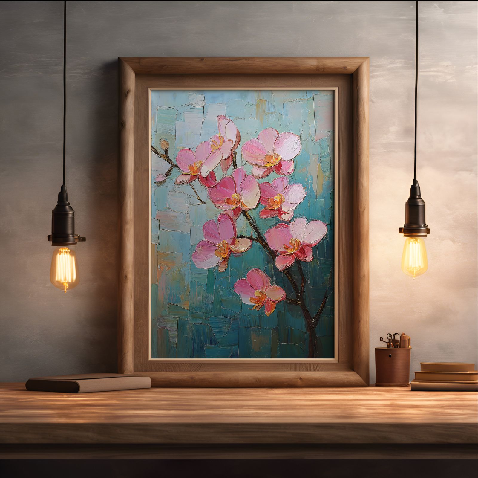 Palette Knife Orchids shown in a room — desk mockup