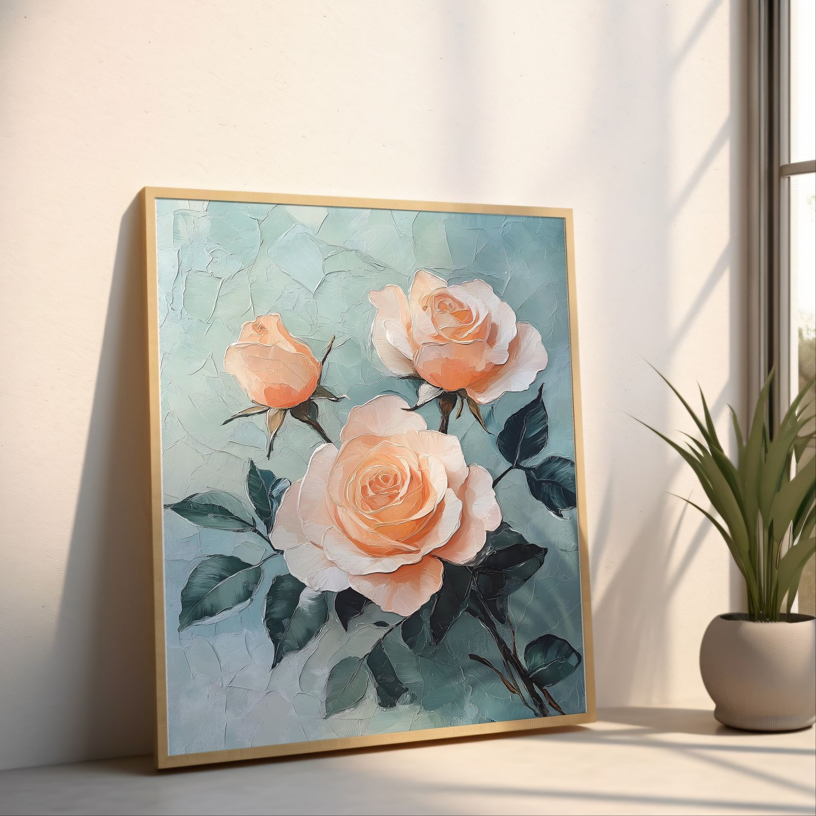 Palette Knife Roses shown in a room — angled mockup