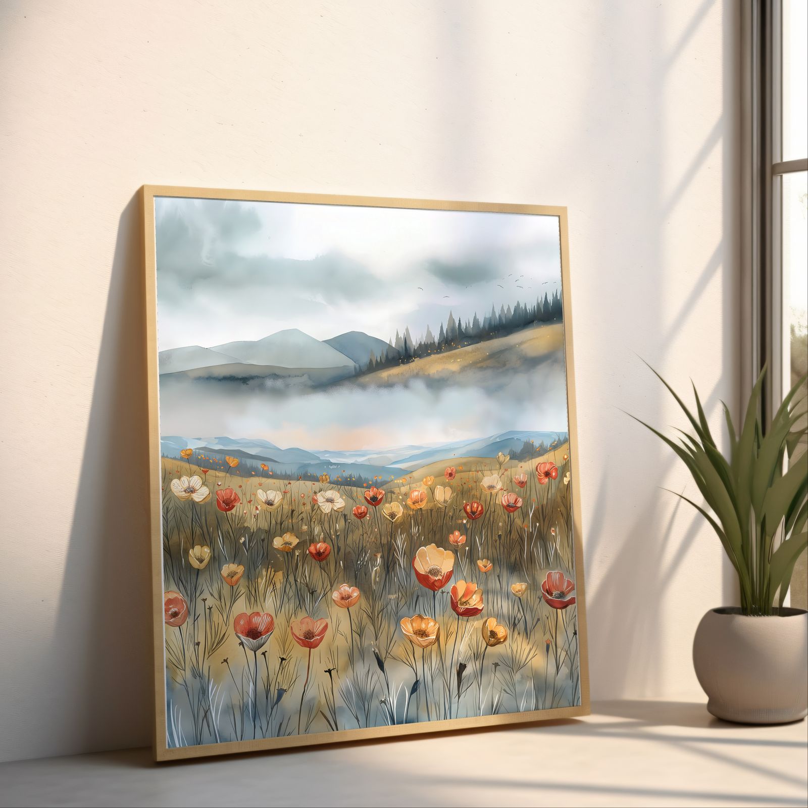 Poppies in the Valley shown in a room — angled mockup