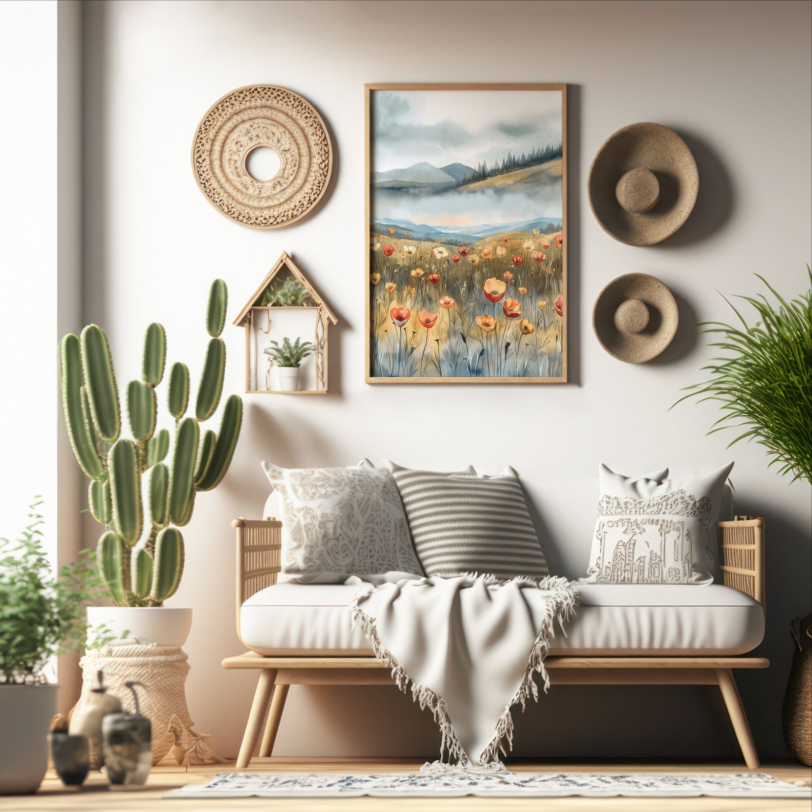 Poppies in the Valley shown in a room — boho mockup