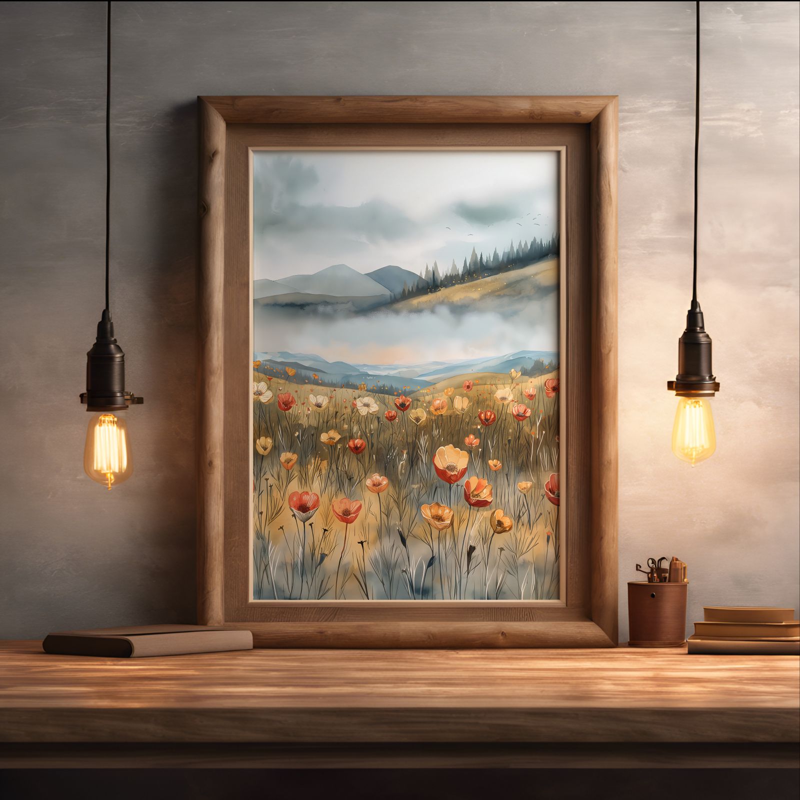 Poppies in the Valley shown in a room — desk mockup