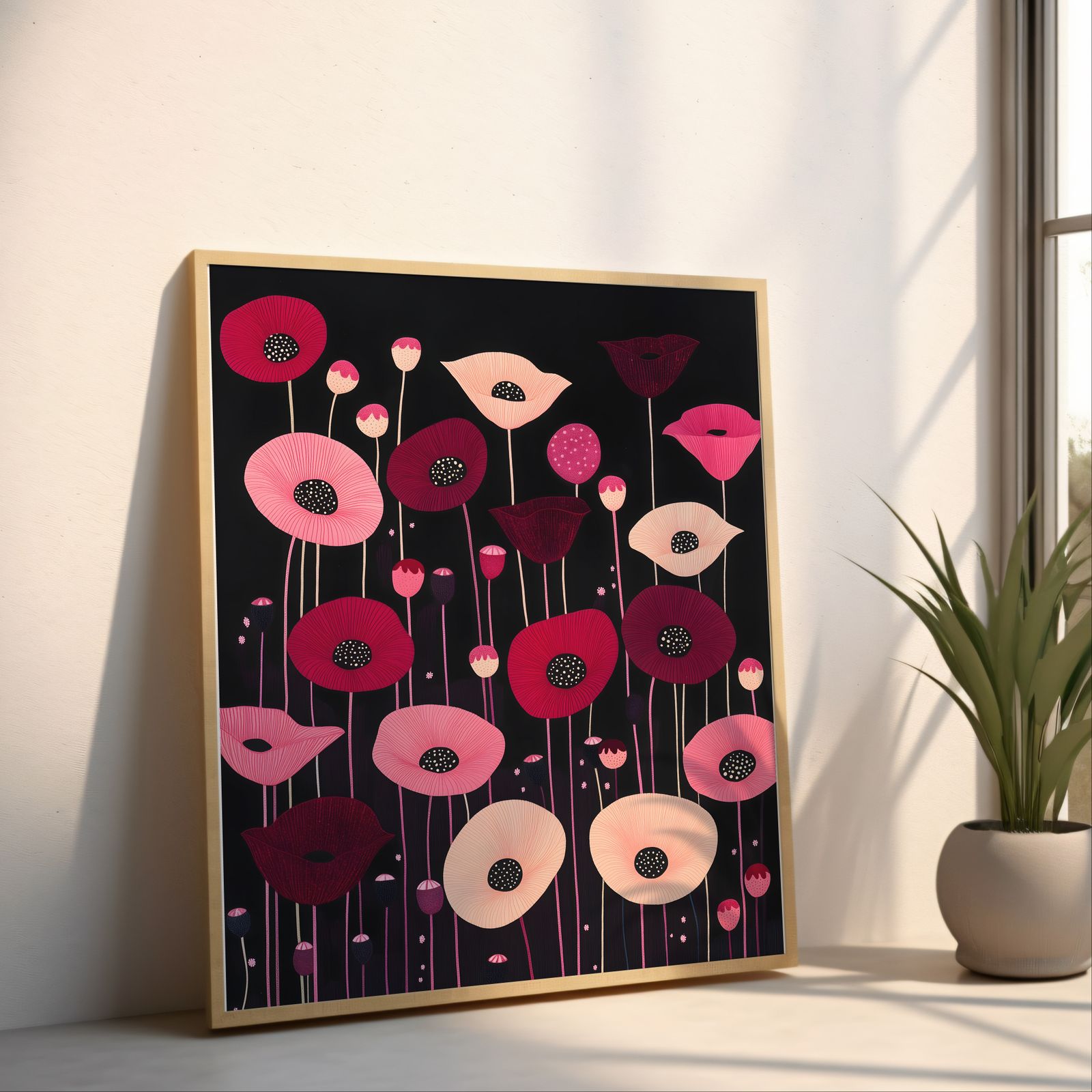 Poppies on Black shown in a room — angled mockup