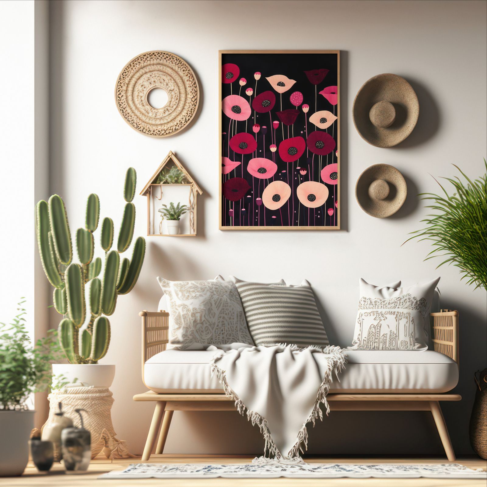 Poppies on Black shown in a room — boho mockup
