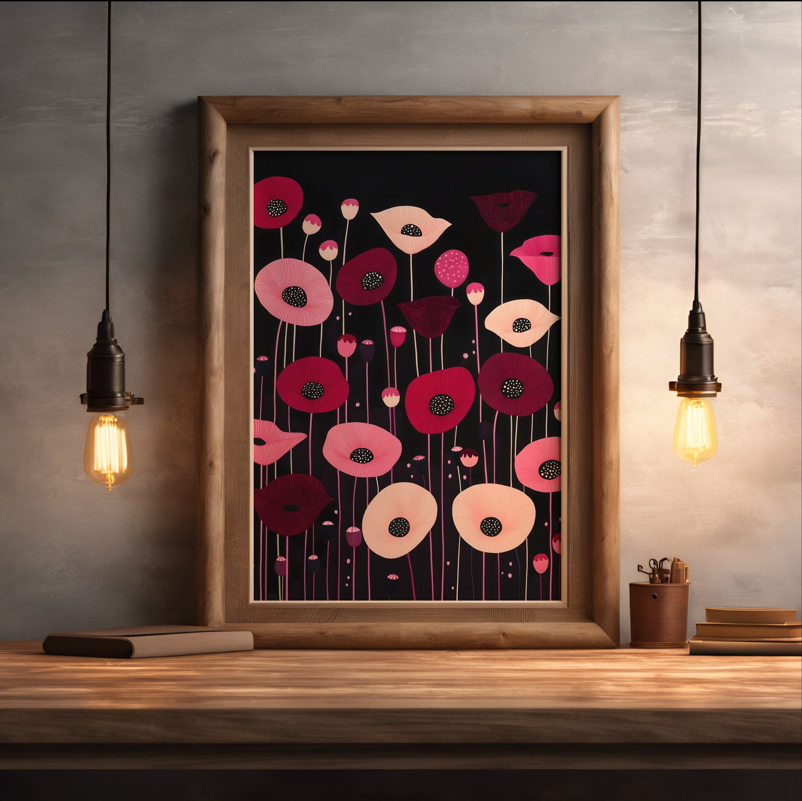 Poppies on Black shown in a room — desk mockup