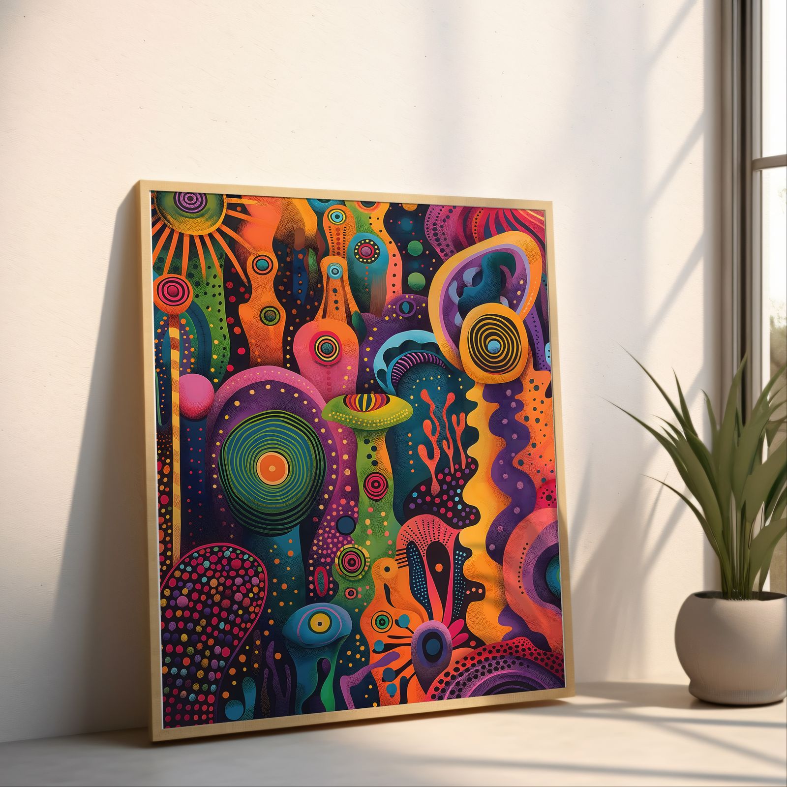 Psychedelic Garden shown in a room — angled mockup