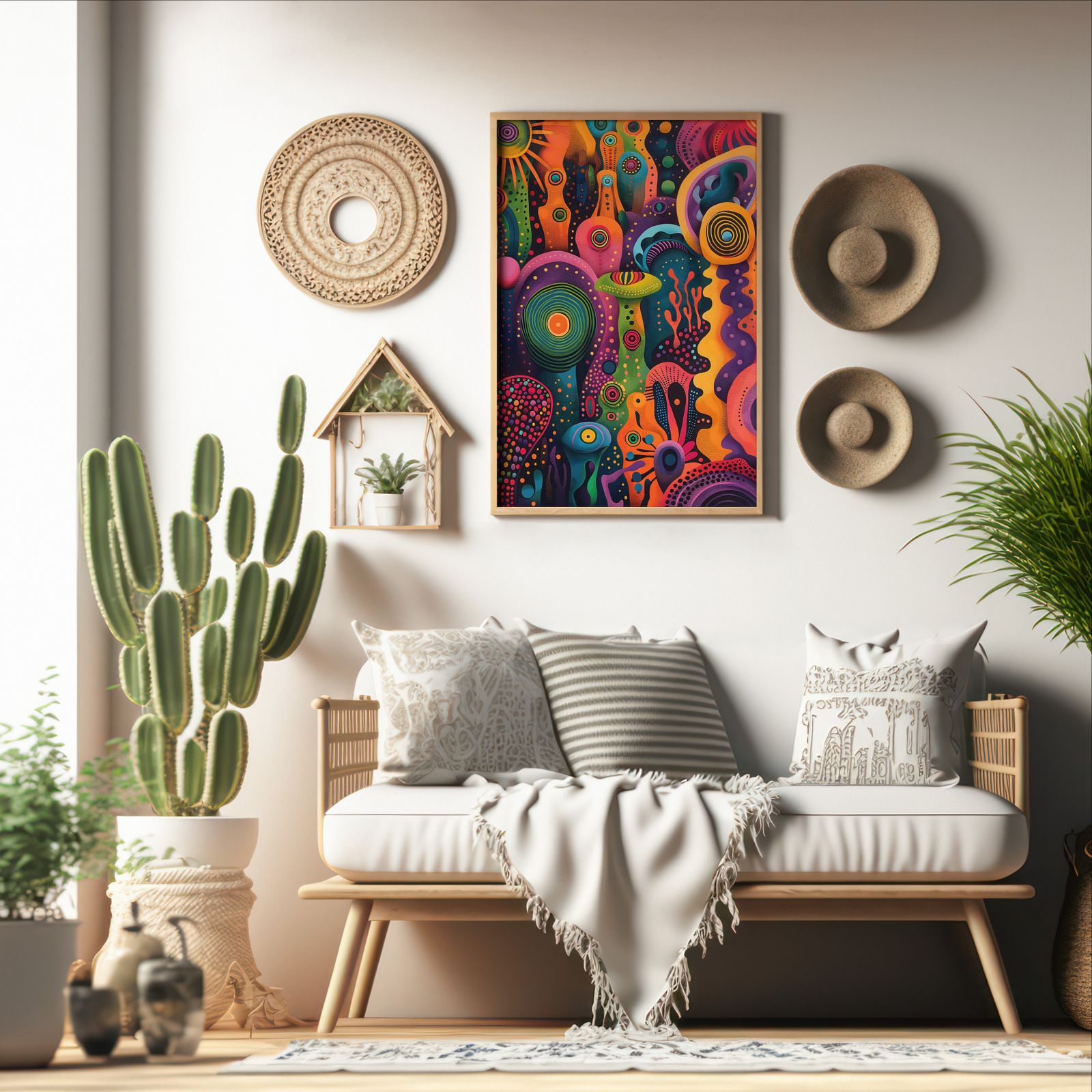 Psychedelic Garden shown in a room — boho mockup
