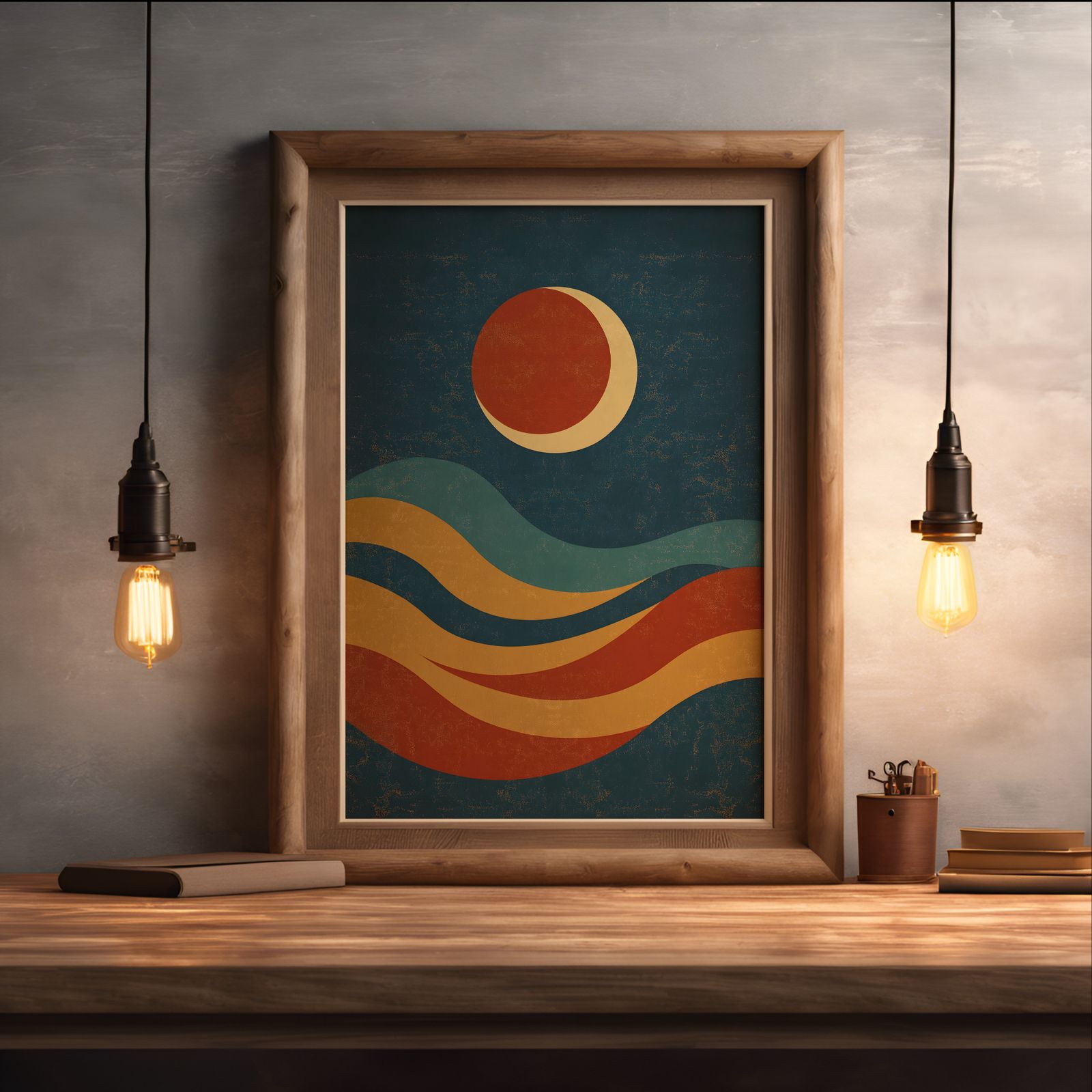 Retro Desert Moon shown in a room — desk mockup
