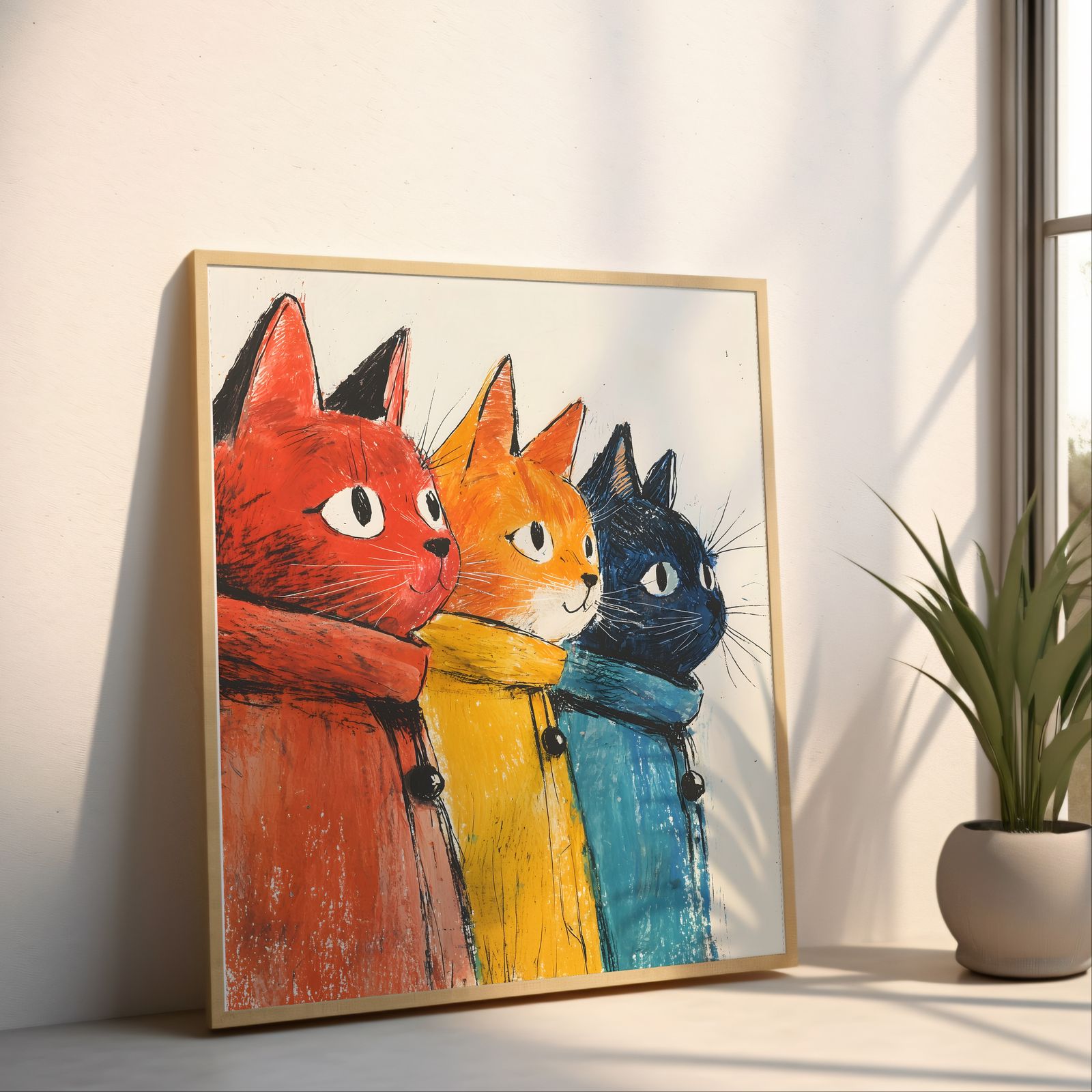 Retro Painted Cats shown in a room — angled mockup