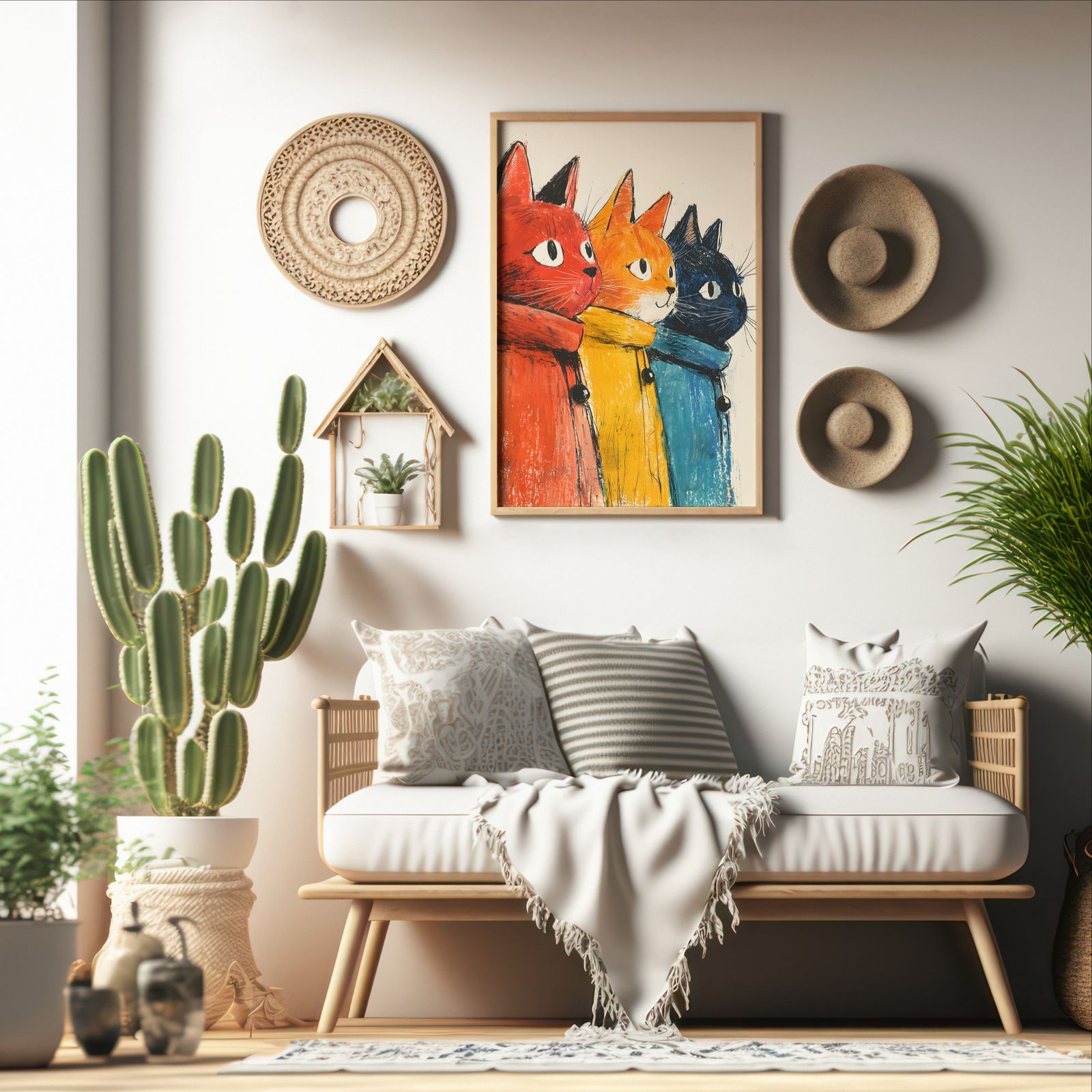 Retro Painted Cats shown in a room — boho mockup