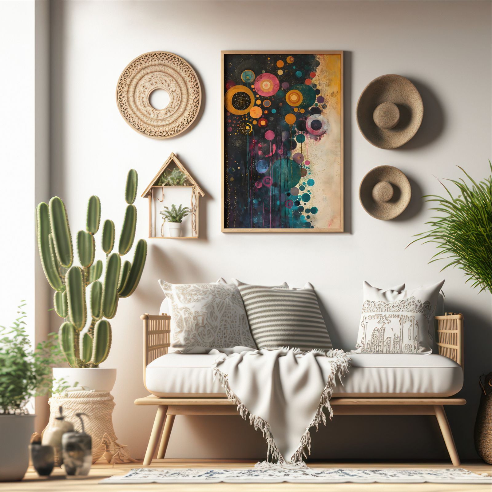 Rising Thoughts shown in a room — boho mockup